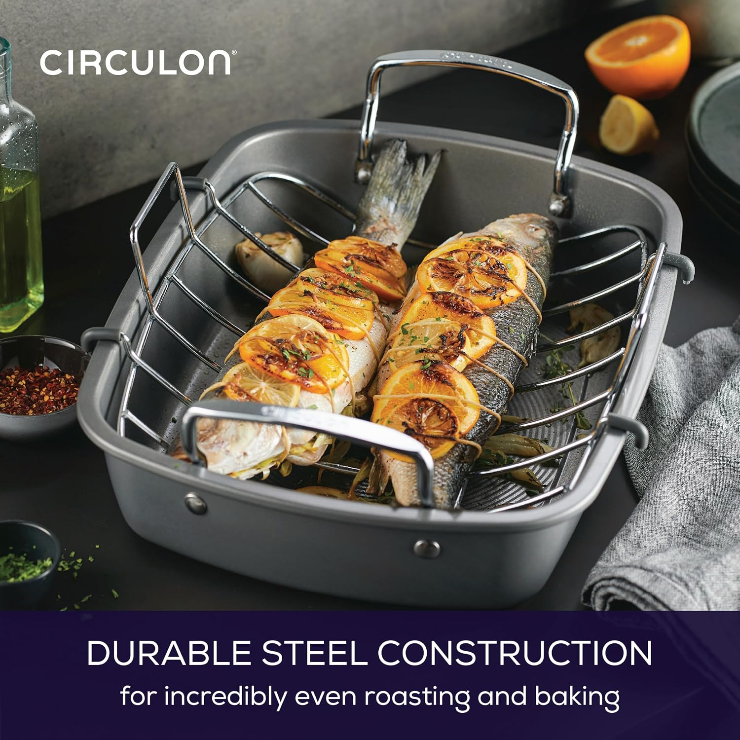Circulon Total Bakeware Nonstick Roaster, Roasting Pan with Rack, 17-Inch x 13-Inch, Gray