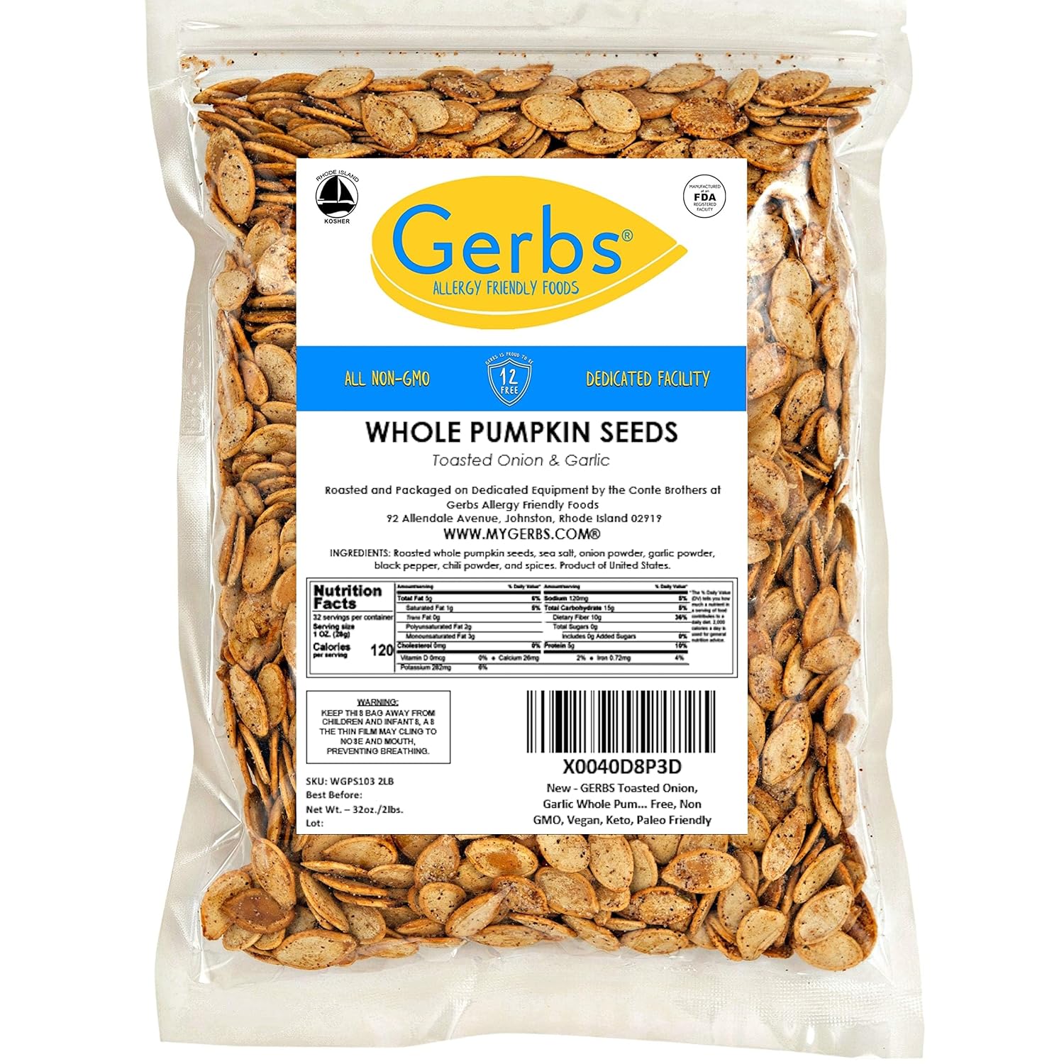 Gerbs Raw Whole Pumpkin Seeds 2 lbs. | In-Shell, 10.5 mm Size, Resealable Bag | Mildly Nutty & Crunchy | Top 14 Allergen-Free