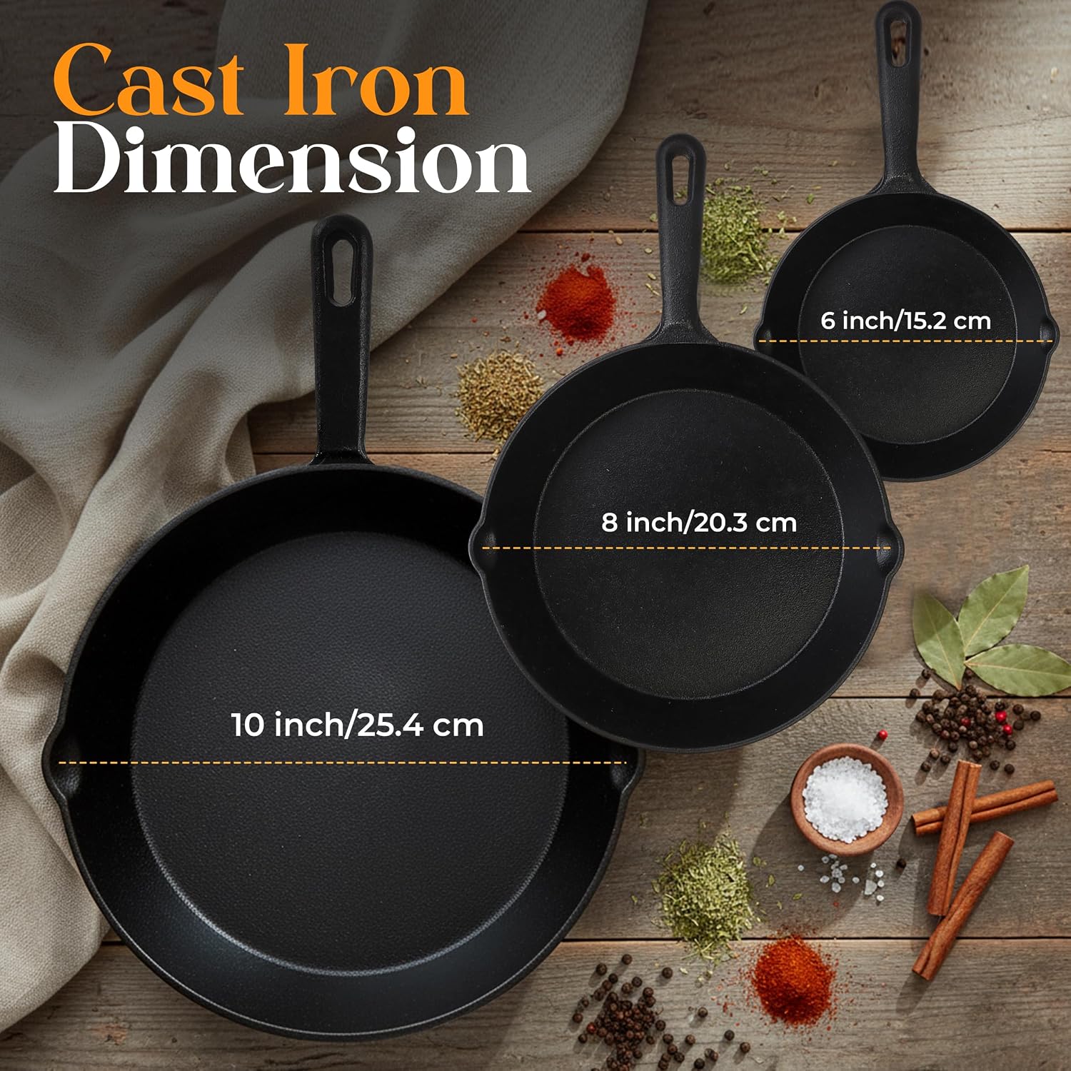 Utopia Kitchen Cast Iron Skillet Set 3 Piece 6 8 10 Inch PFAS-Free Black | Chef Pan, Even Heat Distribution, Stovetop, Campfire and Grill Safe, Large Skillet Set, Indoor Outdoor Use