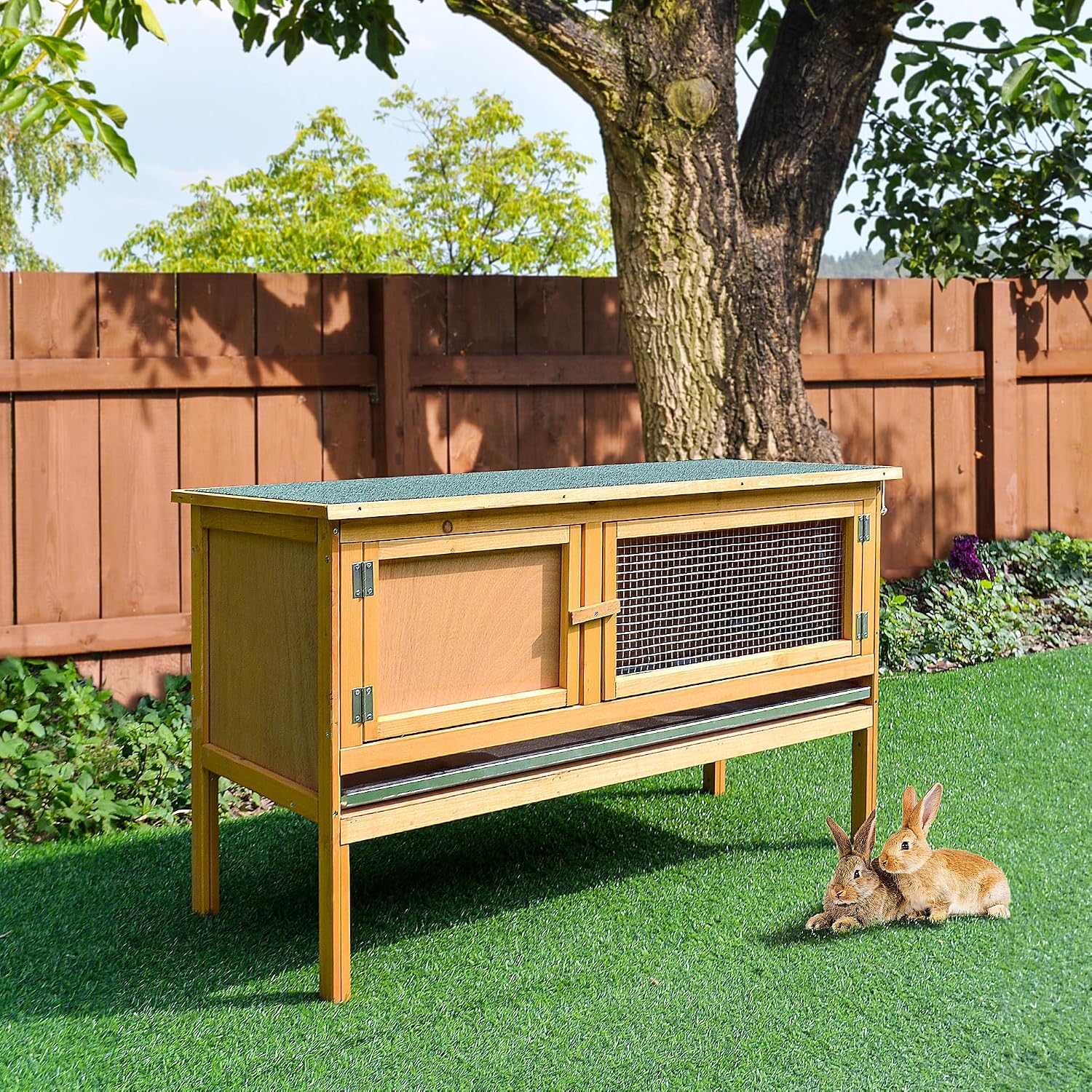 PawHut Wooden Rabbit Hutch Bunny Cage Openable Waterproof Roof for Rabbits | No Leak Tray, Solid Fir Wood Build, for Chickens, Ducks, Indoor/Outdoor