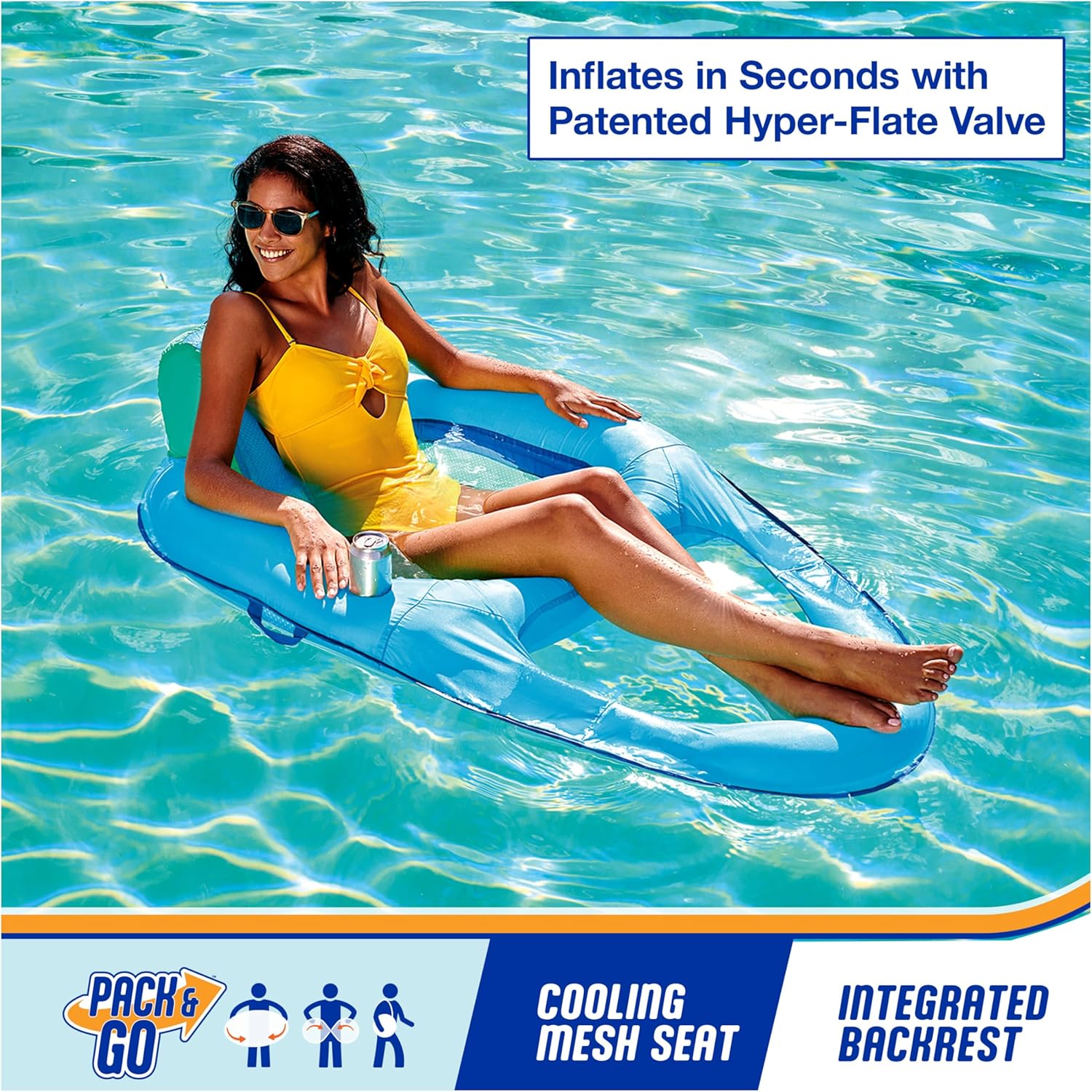 SwimWays Spring Float Recliner Chair for Swimming Pool, Inflatable Pool Floats Adult with Fast Inflation, Cup Holder & Foot Rest for Ages 15 & Up