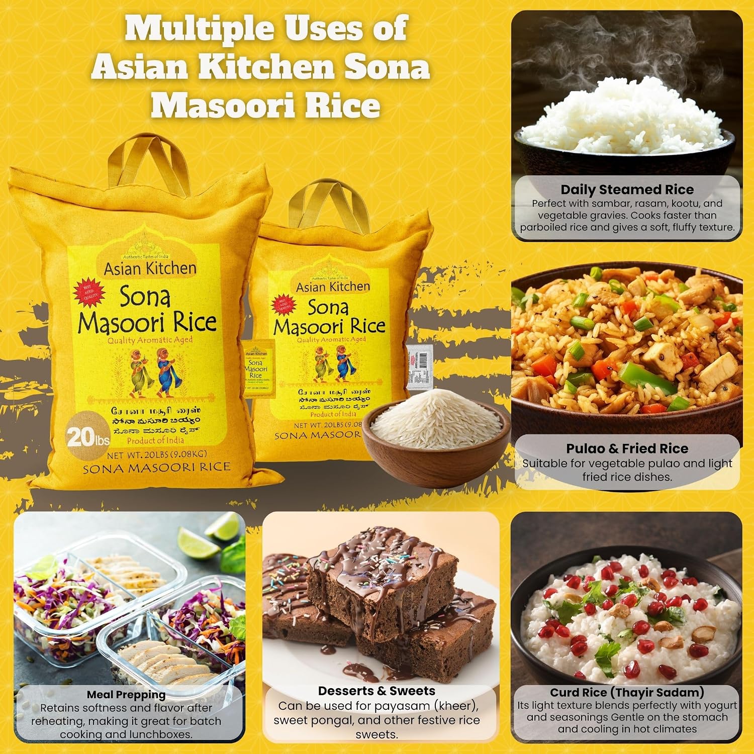 Asian Kitchen White Sona Masoori Aged Rice 20-Pound Bag, 20lbs (9.08kg) Short Grain Rice ~ All Natural | Gluten Friendly | Vegan | Kosher | Indian Origin | Export Quality