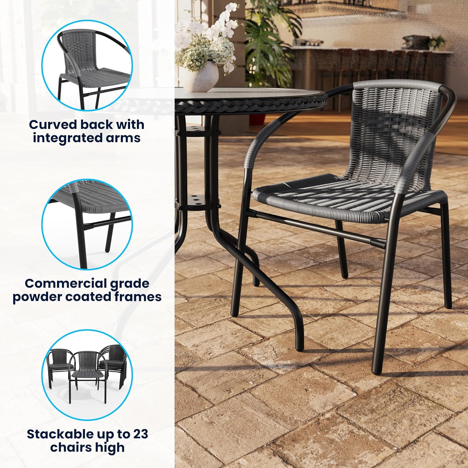 Flash Furniture Lila Modern Rattan Indoor/Outdoor Stackable Dining Chairs, Stacking Rattan Bistro Chairs for Patio or Restaurant, Set of 4, Brown | Commercial Grade, Indoor/Outdoor Use