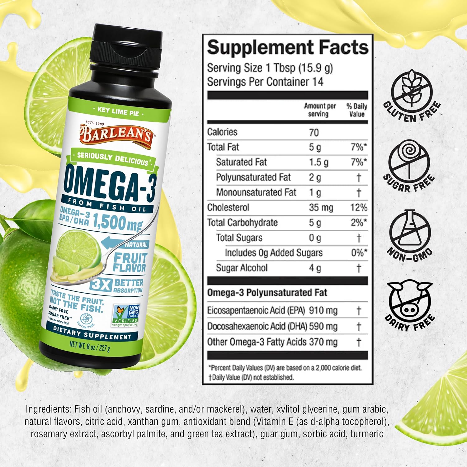 Barlean's Mango Peach Omega-3 Fish Oil, Vitamin D, 1080mg EPA & DHA, 8oz | Wild-caught fish oil plus vitamin D, EPA DHA omega-3, Burpless, Non-GMO, Gluten-free, Heart, brain, bone & immune