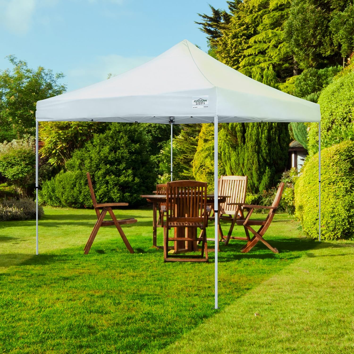 Caravan Canopy 12 by 12 Foot Polyester Straight Steel Leg Instant Pop Up Canopy Tent with Adjustable Height for Outdoor Events, Blue | 150D polyester top with 99 percent UV protection, 3 height settings to 9 ft, steel frame, roller bag and 4 stakes