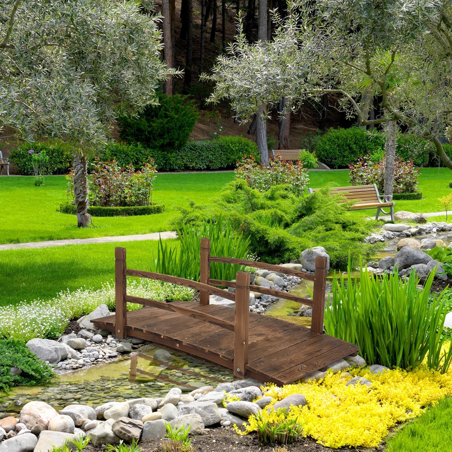 VINGLI 5 ft Garden Bridge, Classic Wooden Arch with Safety Rails Stained Finished Footbridge, Decorative Pond Landscaping, Backyard, Creek or Farm