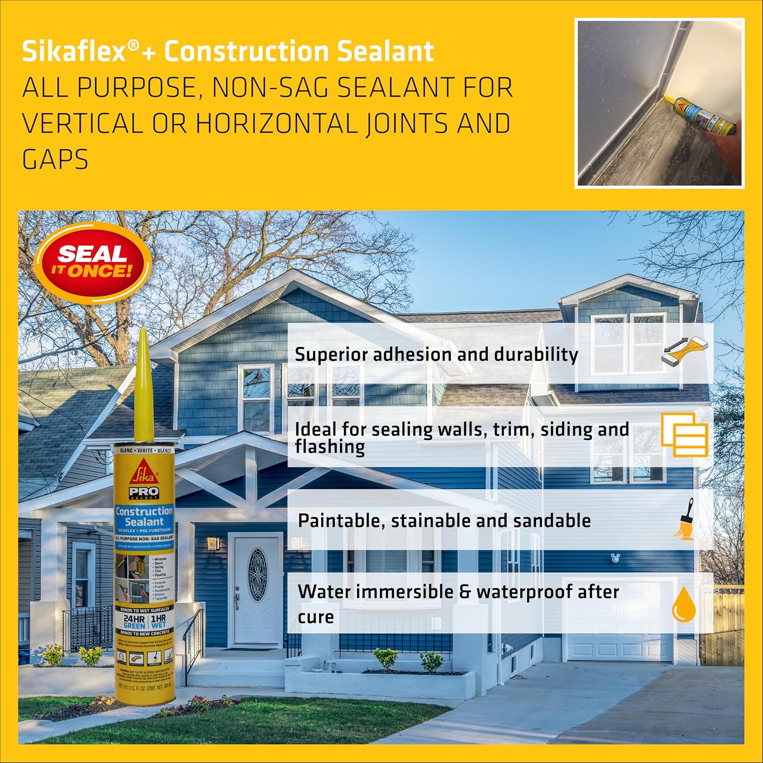 SIKA Sikaflex Construction Sealant - White, All-Purpose Polyurethane for Joints 1/2" or Smaller - 10.1 fl. oz - Weatherproof, High Elasticity, Paintable, Strong Adhesion