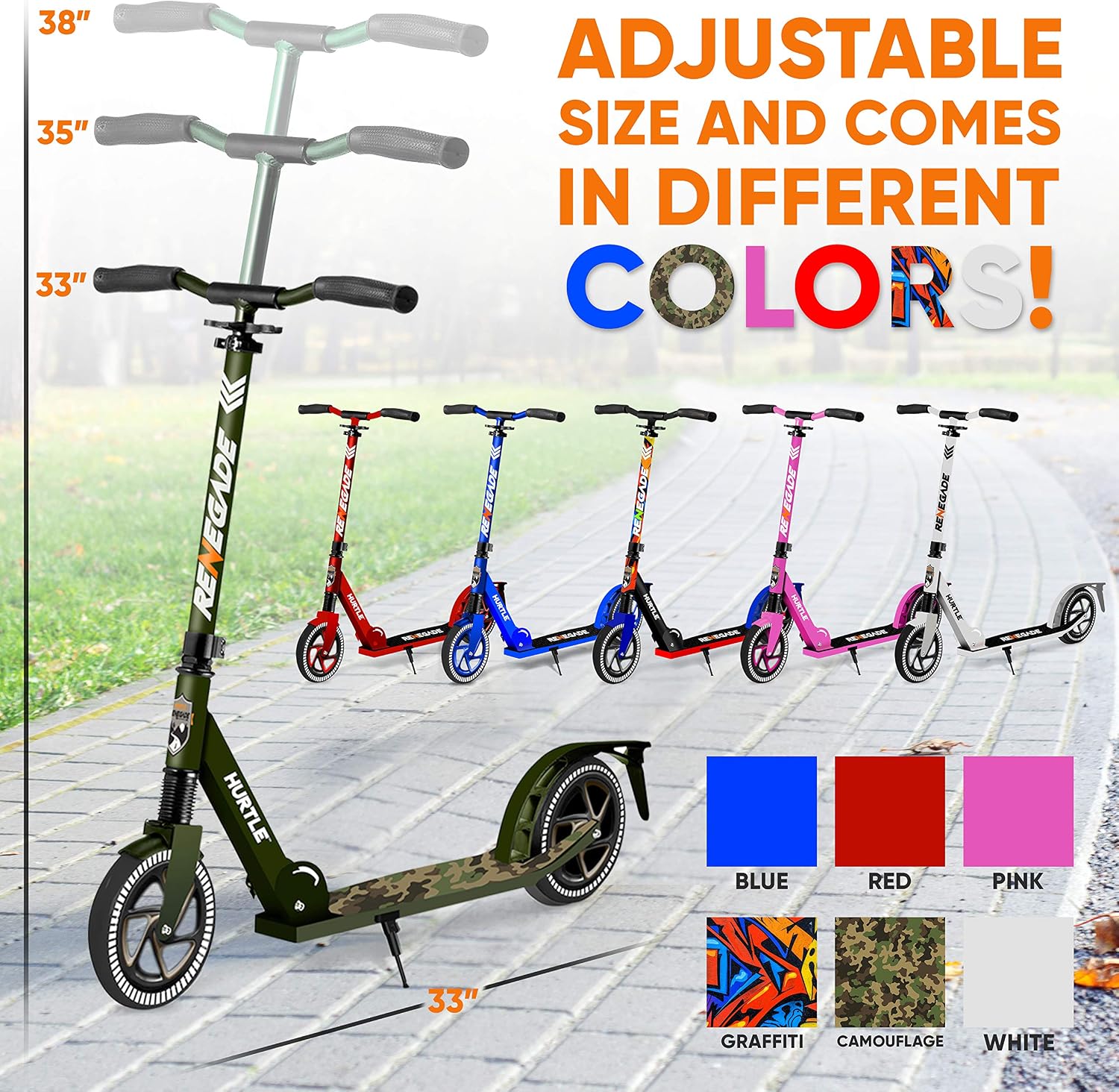 Hurtle Renegade Kick Scooter for Kids, Teenagers & Adults - 2-Wheel Folding Scooter with Adjustable T-Bar Handlebar - Alloy Anti-Slip Deck