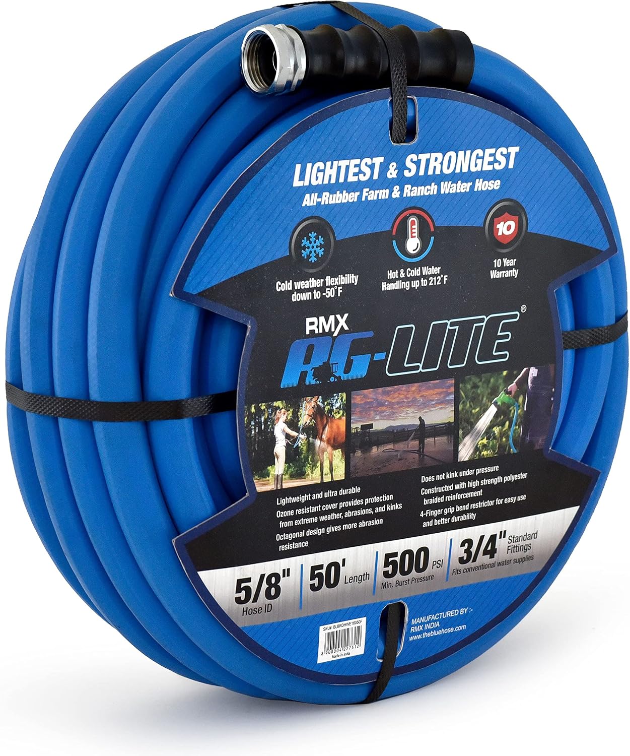 AG-LITE BSAL5825 5/8" x 25' Hot/Cold Water Rubber Garden Hose, 100% Rubber, Ultra-Light, Super Strong, 500 PSI, 50F to 190F Degrees, High Strength Polyester Braided