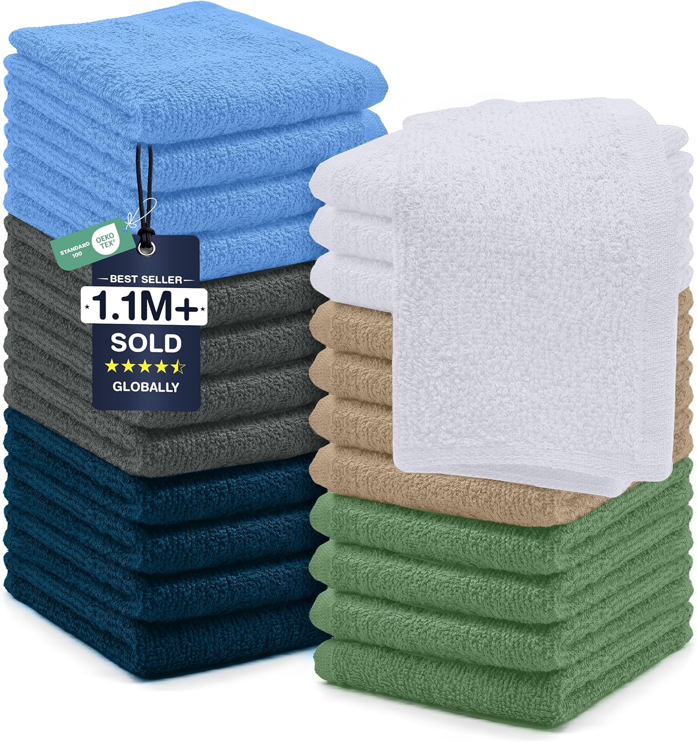 DAN RIVER 24 Pack Cotton Wash Cloths Set for Showering [12x12] White