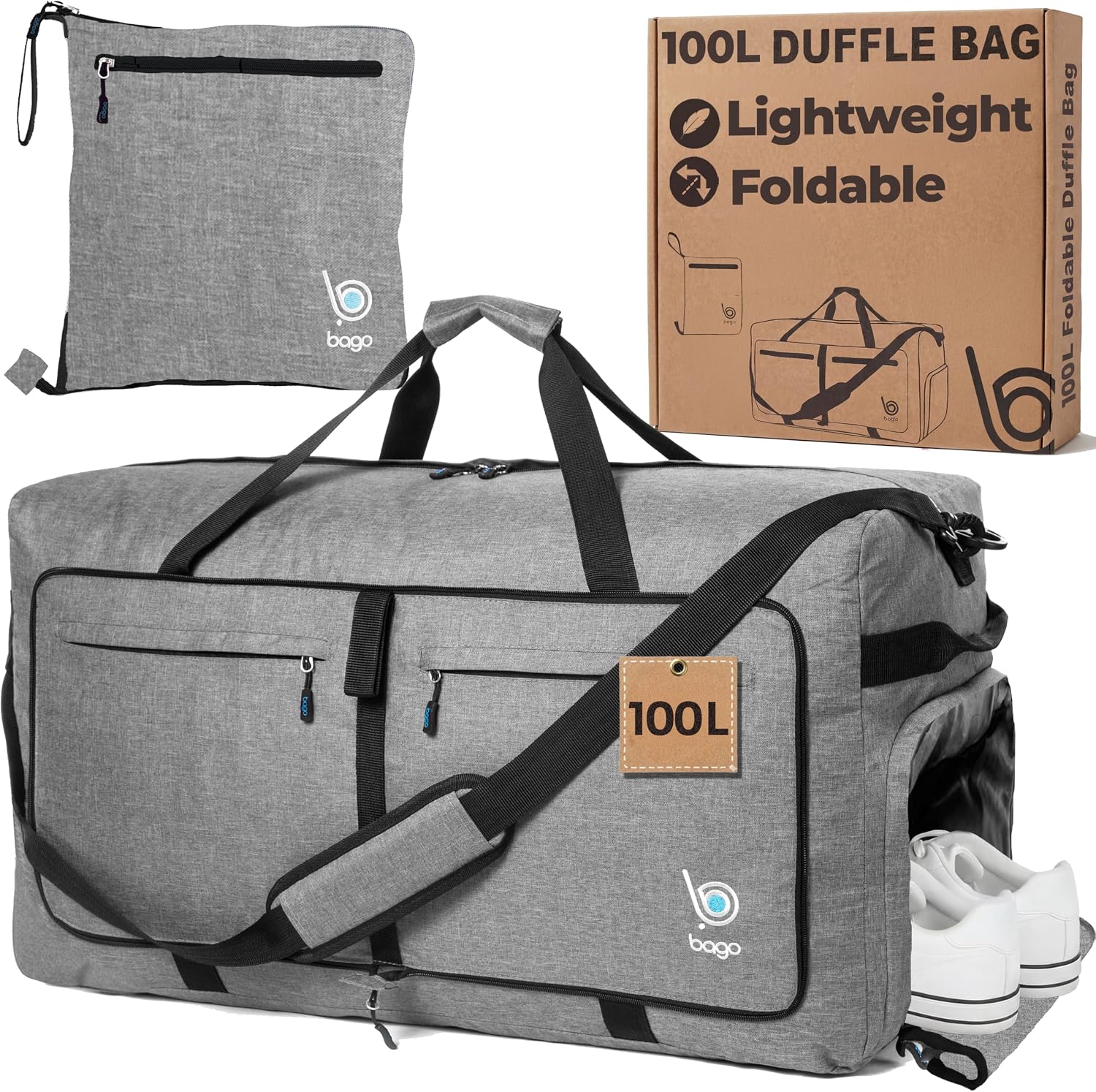 Bago Large Duffle Bag for Travel Women & Men. Durable Lightweight Foldable Travel Duffel Bags For Traveling Women. 80L Duffle Bags For Overnight Bag With Shoe Compartment Collapsible Weekender duffel