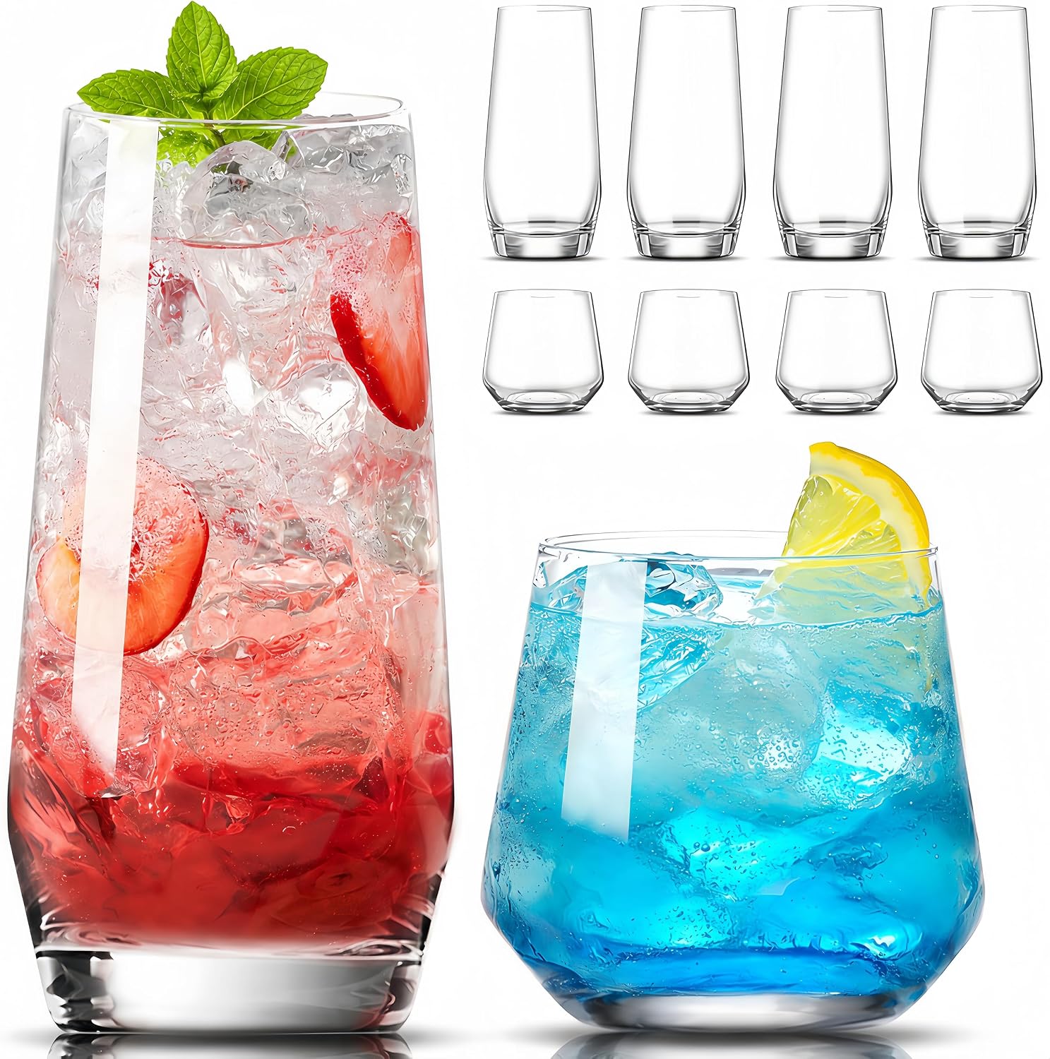 Mfacoy Drinking Glasses Set of 8-4 Tall Glass Cups 18 oz & 4 Short Stemless Wine Glasses 13 oz, Highball Glasses, Glassware Sets for Cocktail, Beer