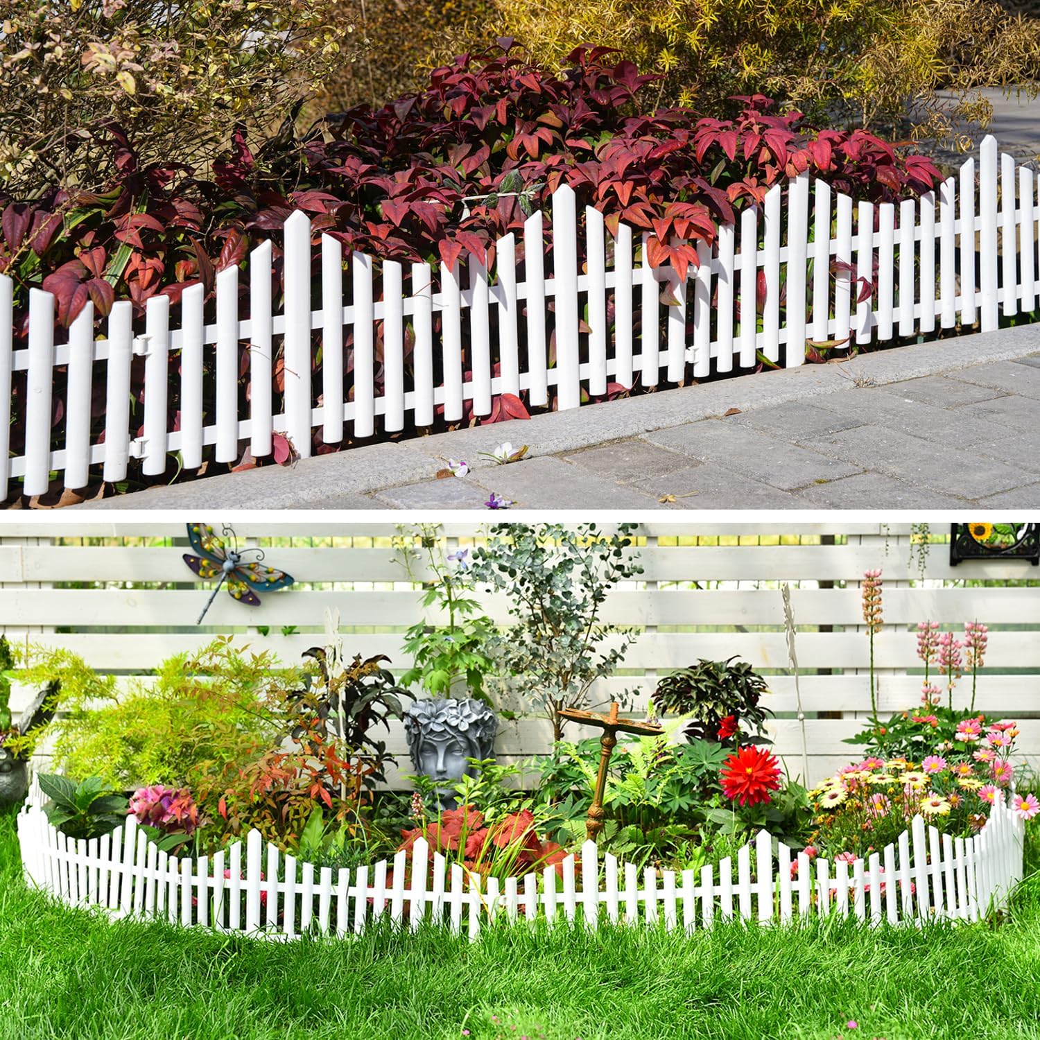 Sungmor Lightweight & Flexible Plastic White Edging Garden Picket Fence, Pack of 4 (One Piece L:24in, W:0.3in, H:13in) Above Ground Height 9.5in