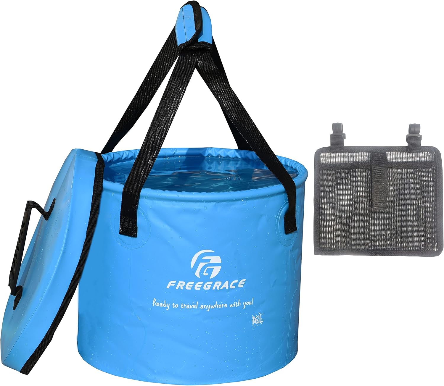 Freegrace Collapsible Bucket with Mesh Tool Pocket - 10L, 16L & 23L Portable Folding Water Container - Heavy Duty 500D Tarpaulin, BPA-Free Wash Basin for Camping, Fishing, RV, and Car Washing
