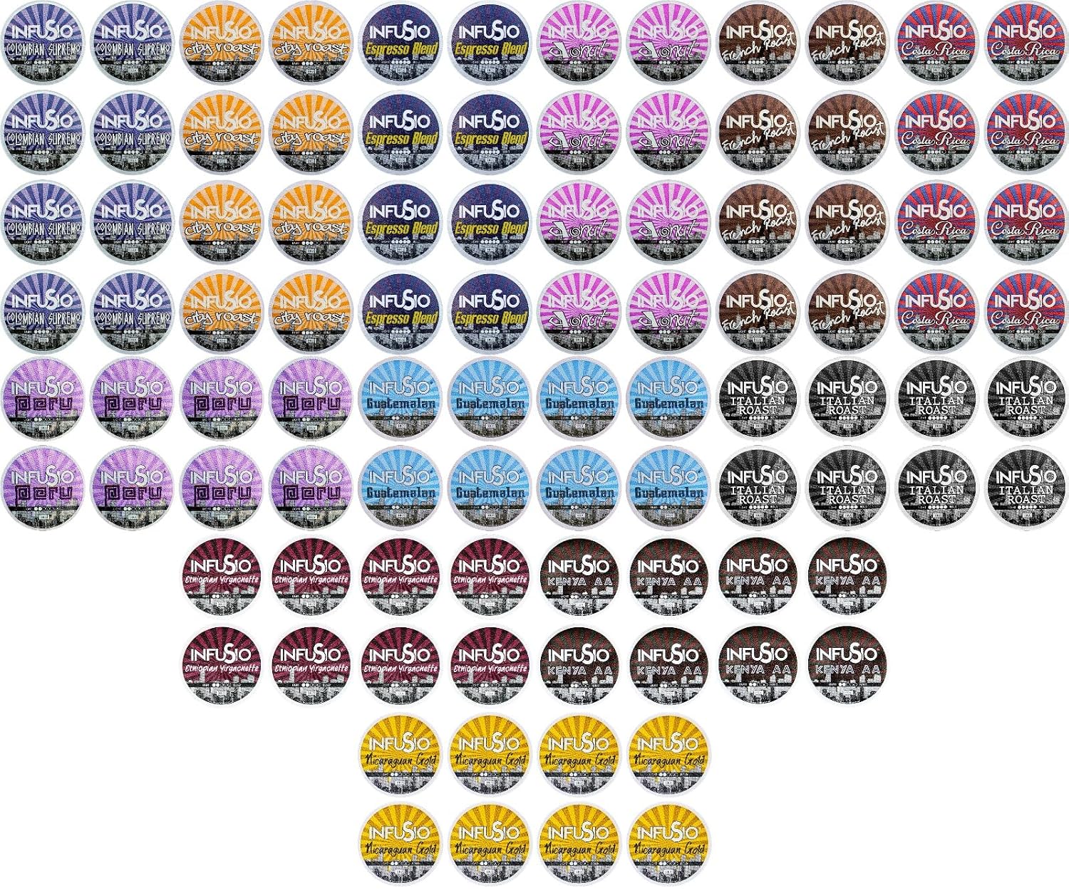 InfuSio Coffee Pods World Origins Variety Pack – 96 Count, 12 Blends Inspired by Colombia, Ethiopia, Kenya, Costa Rica & More, Medium & Dark Roast, Low Acid, Keurig Compatible