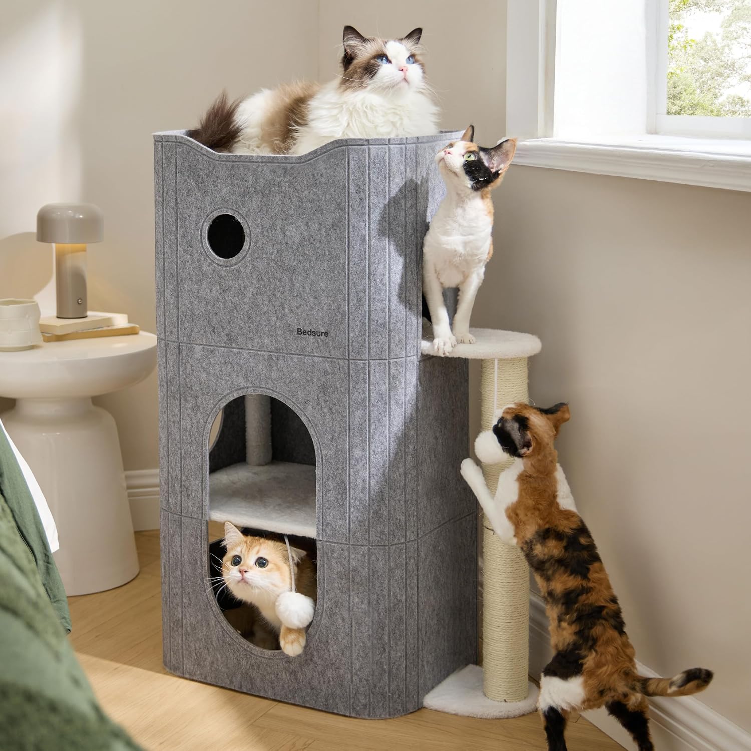 Bedsure Cat House Bed for Indoor Cats with Fluffy Ball and Scratch Pad,Grey