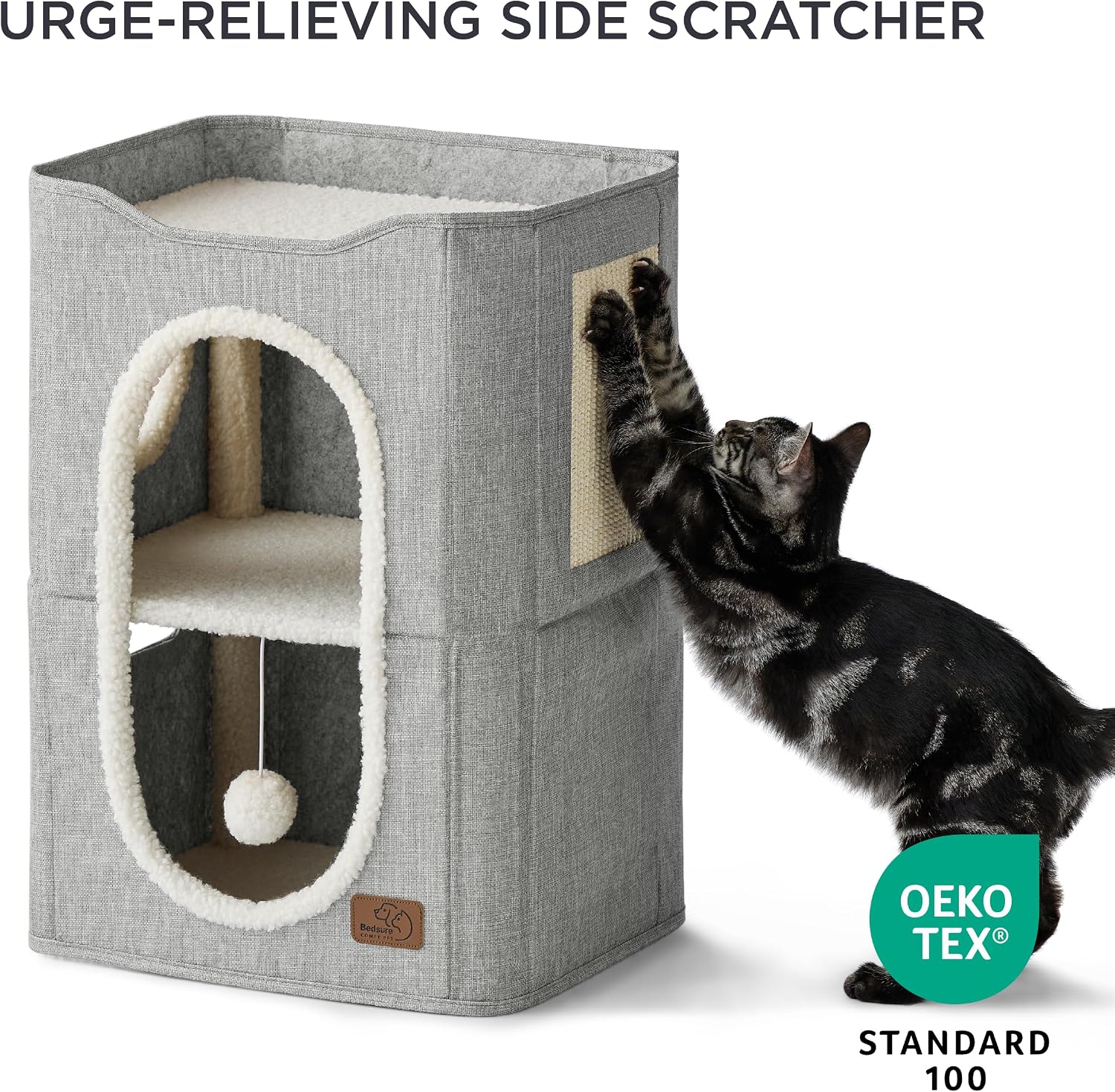 Bedsure Cat House Bed for Indoor Cats with Fluffy Ball and Scratch Pad,Grey