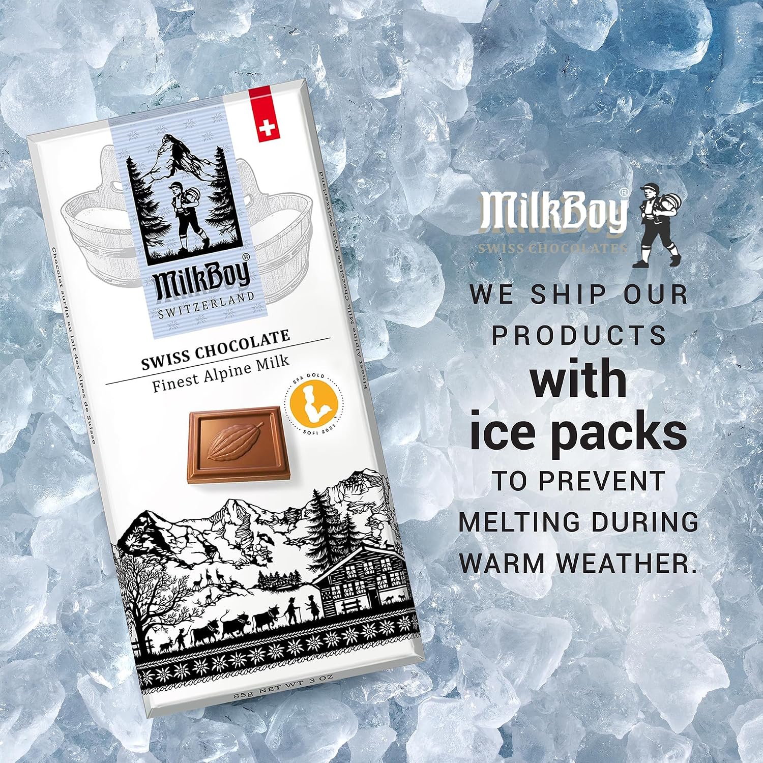 MilkBoy Swiss Chocolates Alpine Milk Chocolate Bars - 3 oz, 5 Pack | Premium gourmet treat with creamy milk. Rainforest Alliance certified cocoa. Gluten free. Kosher. Crafted in Switzerland.