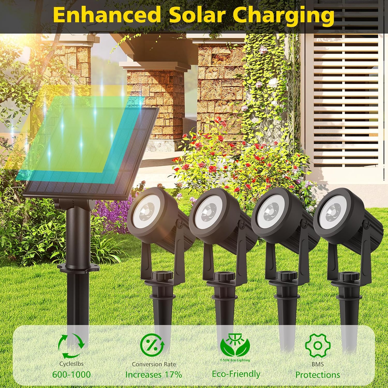 T-SUN Solar Spot Lights Outdoor, Dual Head Solar Spotlights, Cool White | IP65 Waterproof, 2 Brightness Modes, Dusk to Dawn Solar Uplights for Garden, Yard, Pathway, Patio, Lawn