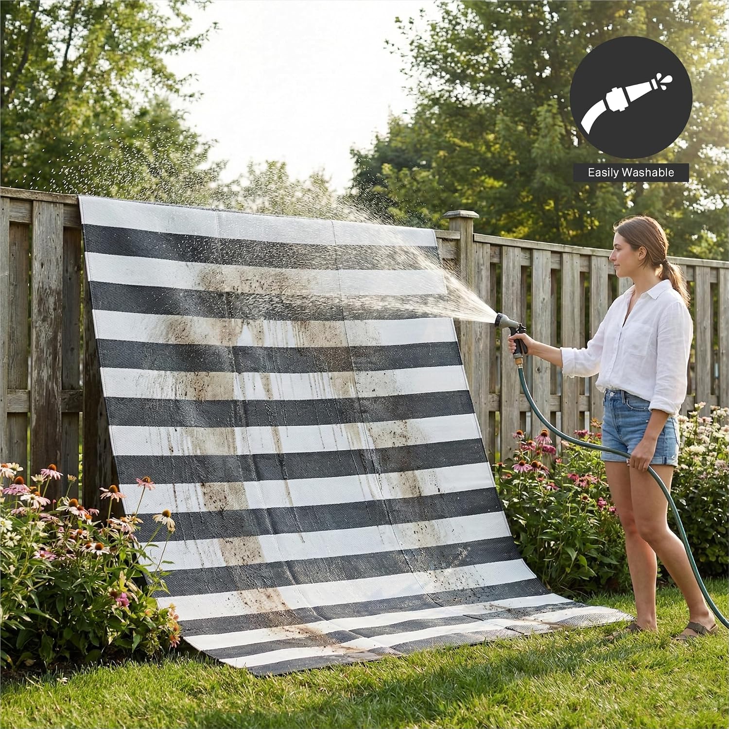 FH Home Outdoor Camping Rug - Waterproof, Fade Resistant, Reversible - Premium Recycled Plastic - Striped - Large Patio, Deck, Sunroom