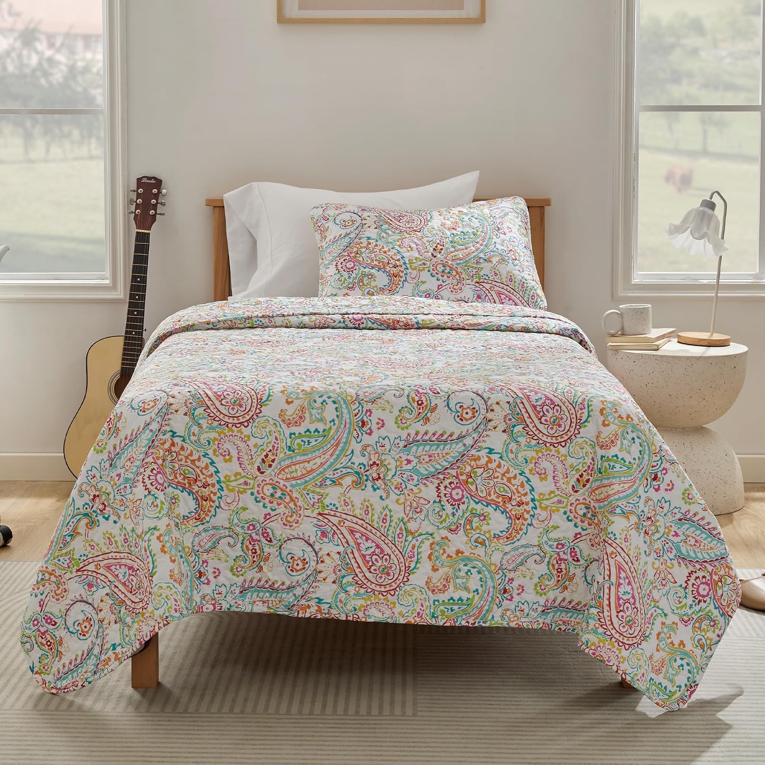 SLEEP ZONE 3-Piece Printed Quilt Set - Full/Queen Size - Lightweight Reversible Bedding Coverlet Set for All Season (Classic Paisley Pattern)