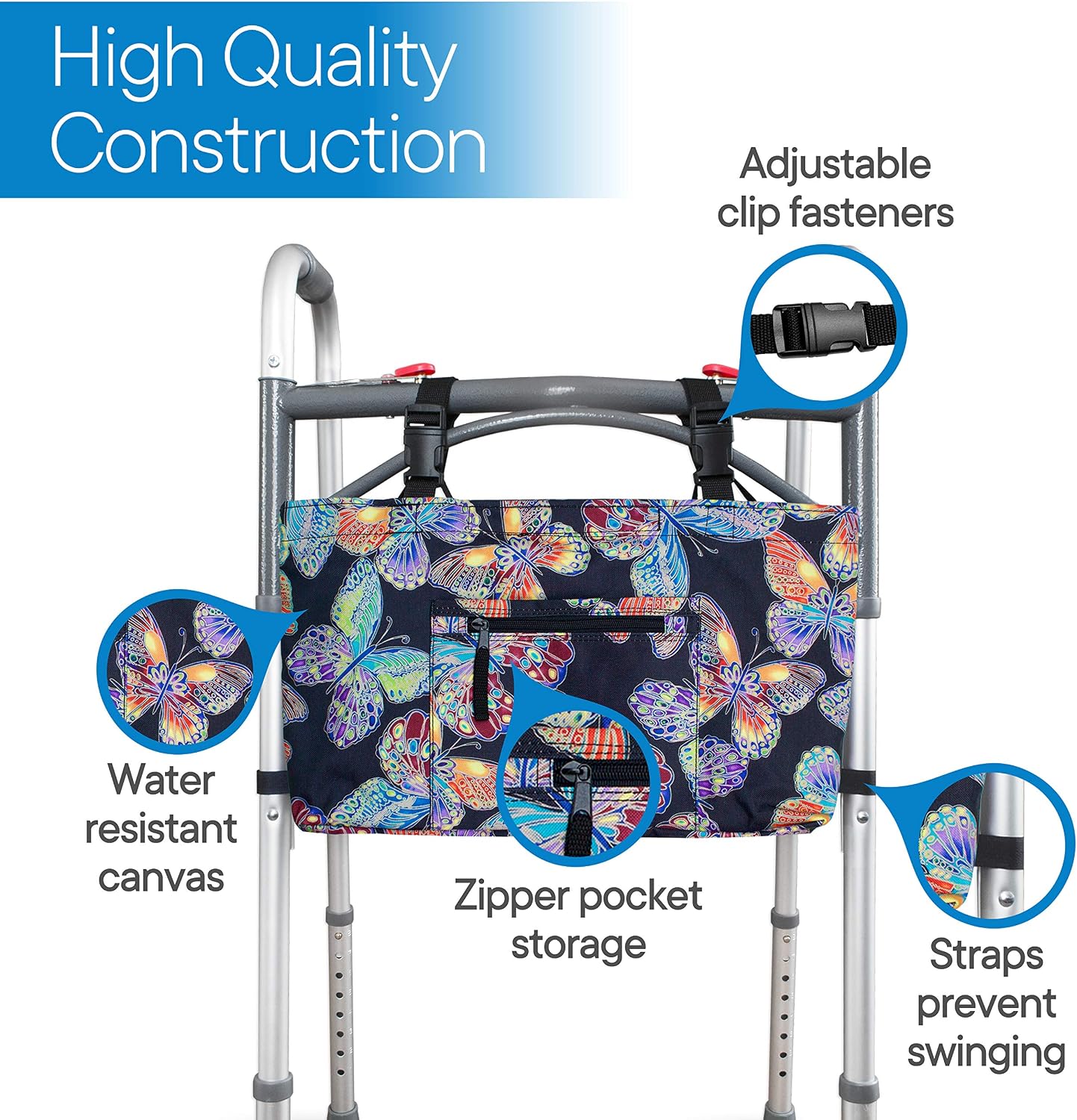 RMS Water Resistant Tote Bag for Walker and Scooter (Butterfly) | Walker Bag and Organizer, Carry a phone, wallet and personal items on a walker, rollator or scooter within easy reach