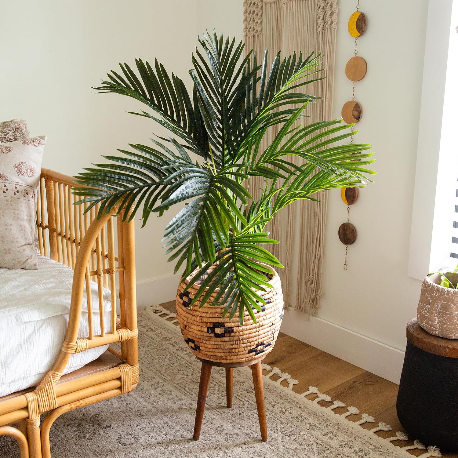 Nearly Natural 4 ft Artificial Golden Cane Palm Tree with Nursery Pot | Double-Stalk, Lush Realistic Foliage, Indoor Faux Palm Plant, Living Room Decor, Perfect Tropical Decoration