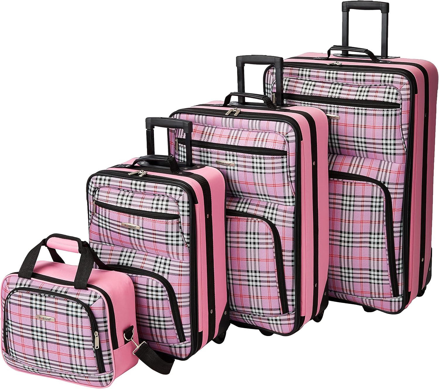 Rockland Fashion Softside Upright Luggage Set,Expandable, Telescopic Handle, Wheel, Black Dot, 2-Piece (14/19)