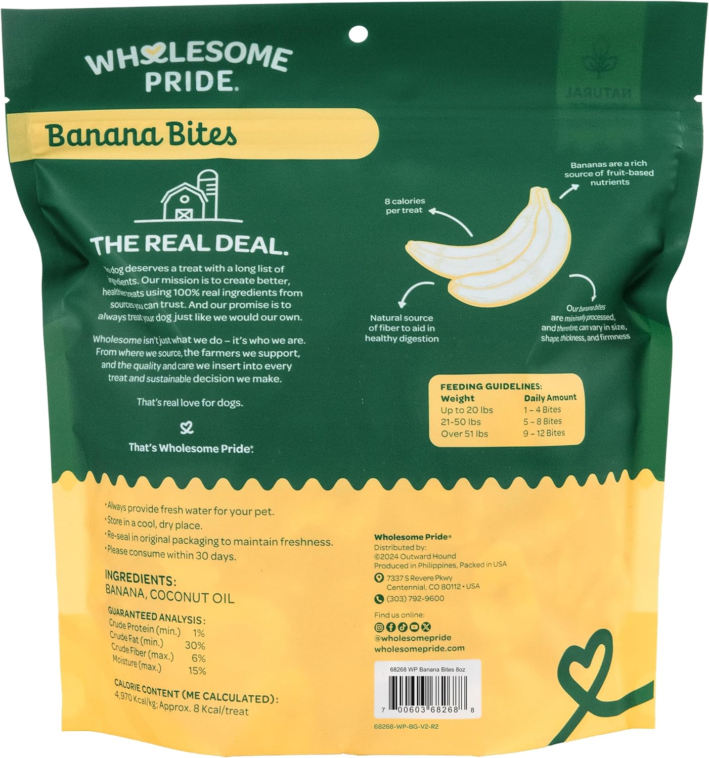 Wholesome Pride Banana Bites Dog Treats – 2-Ingredient Banana Chips for Dogs, Grain-Free, Banana & Coconut Oil, 8 oz