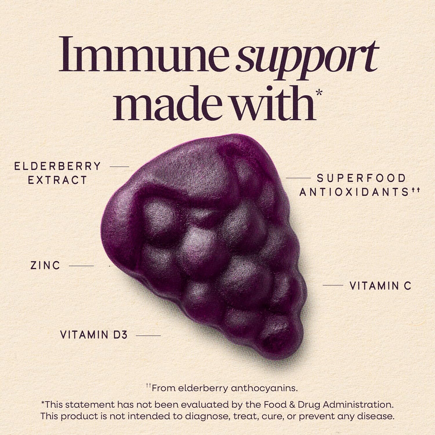 Nature's Way Sambucus Elderberry Gummies for Immune Support* Ages 4+, 60 ct | Immune Gummy with Black Elderberry Extract, Vitamin C, D3, Zinc