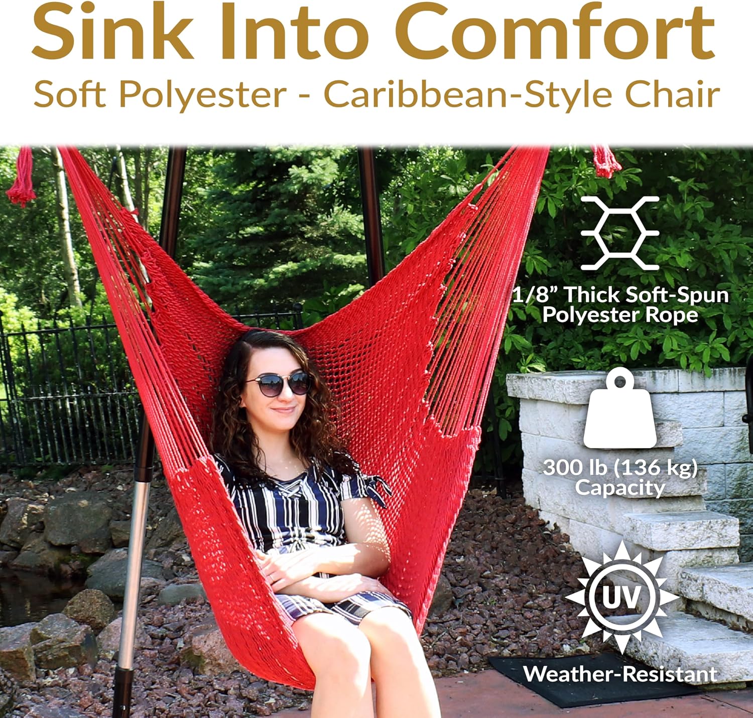 Sunnydaze Hanging Hammock Chair Swing for Patio, Caribbean, Tan | 300 lb Capacity, Wooden Spreader Bar, Woven Polyester, Hang From a Tree, Hammock Chair Stand, or Ceiling, Hammock Swing Chair