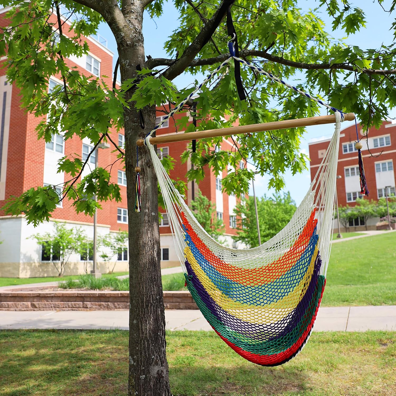 Bliss Hammocks BHC-412NT Island Rope Hammock Chair, Eco Friendly & Hand Woven, Varnish Coated 40 Inch Wood Spreader, Easy to Hang w/Included Hanging Kit, Supports up to 265 pounds, Natural Rope