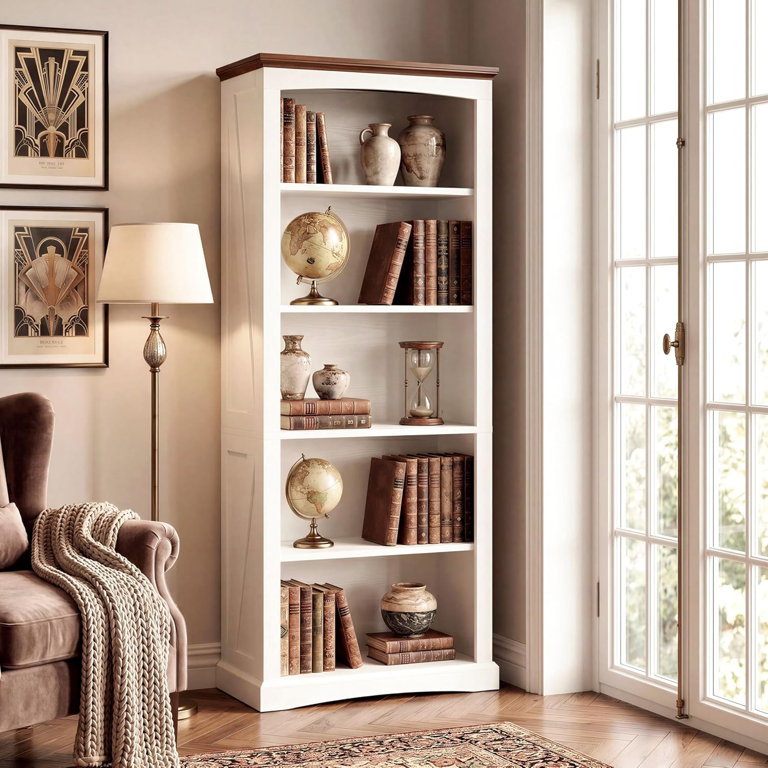 IRONCK 5 Tier Farmhouse Bookshelf 70.9" White Bookcase with Brown Wood Top | brown top & brace side panels, anti-tip stable design, bookcase, bedroom