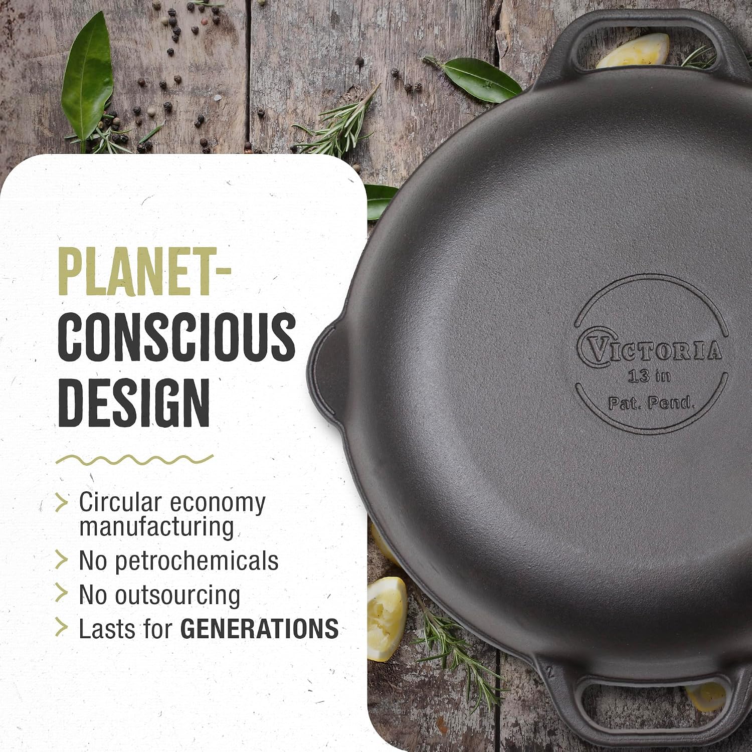Victoria 13-Inch Cast Iron Skillet, Pre-Seasoned Cast Iron Frying Pan with Long Handle, Made in Colombia