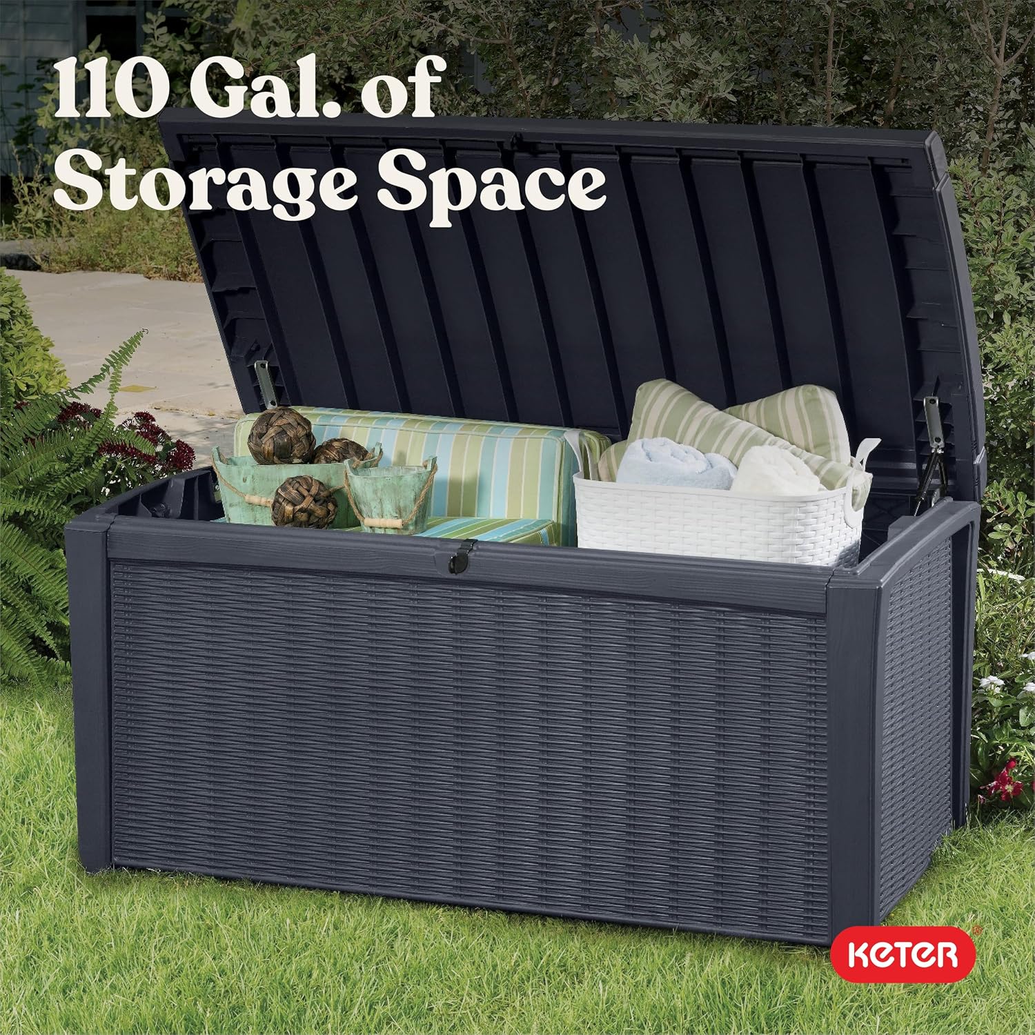 Keter Borneo 110 Gallon Resin Deck Box - Organization and Storage for Patio Furniture, Outdoor Cushions, Throw Pillows, Garden Tools and Pool Toys, Brown | for Patio, Backyard & Garden - Lockable, Organizing, and Waterproof Plastic Container Bench