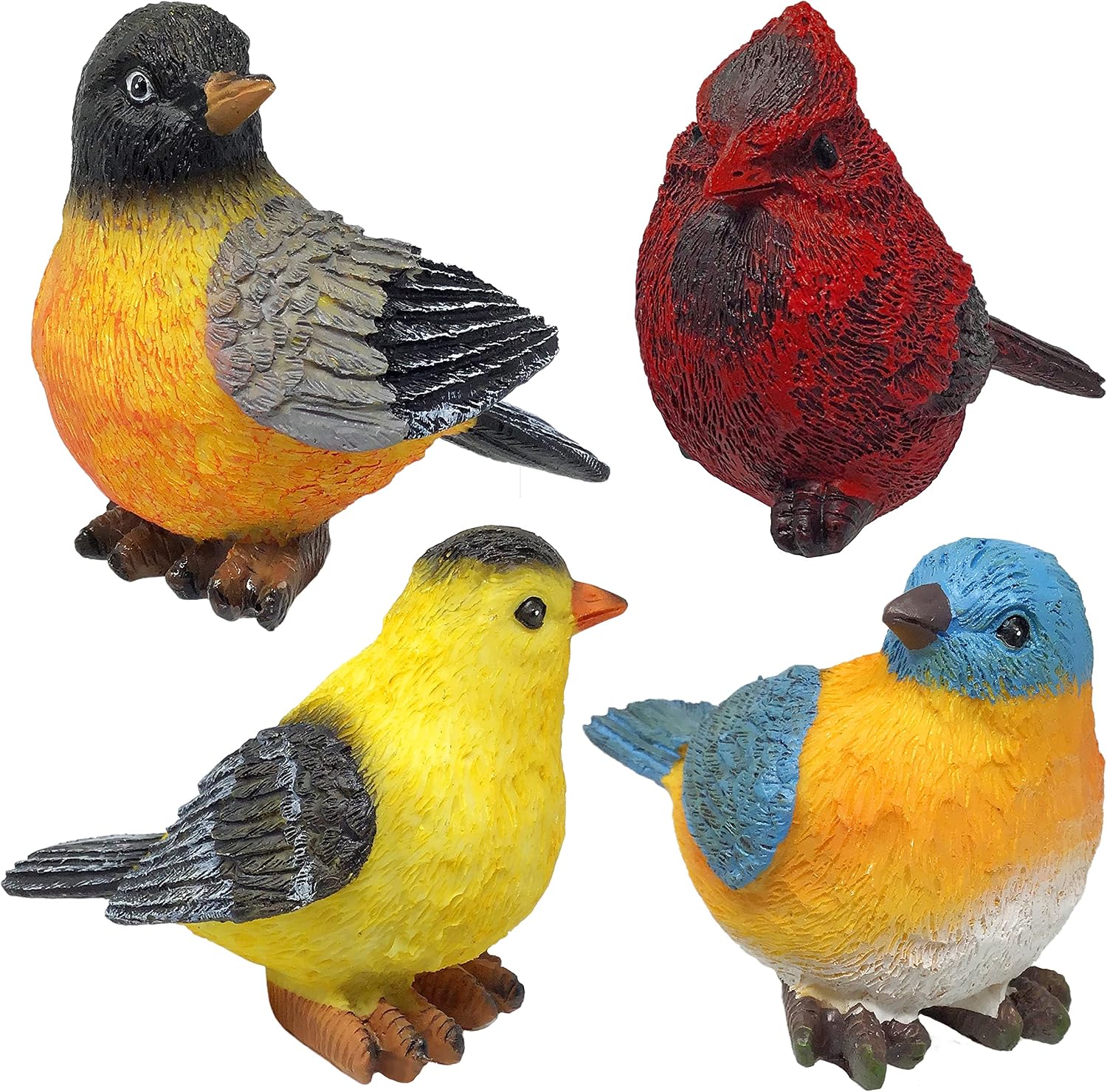 Songbird Garden Figurines Set of 4 – Cardinal, Bluebird, Goldfinch & Robin – Decorative Bird Statues for Home Décor, Spring Decorations, Crafting