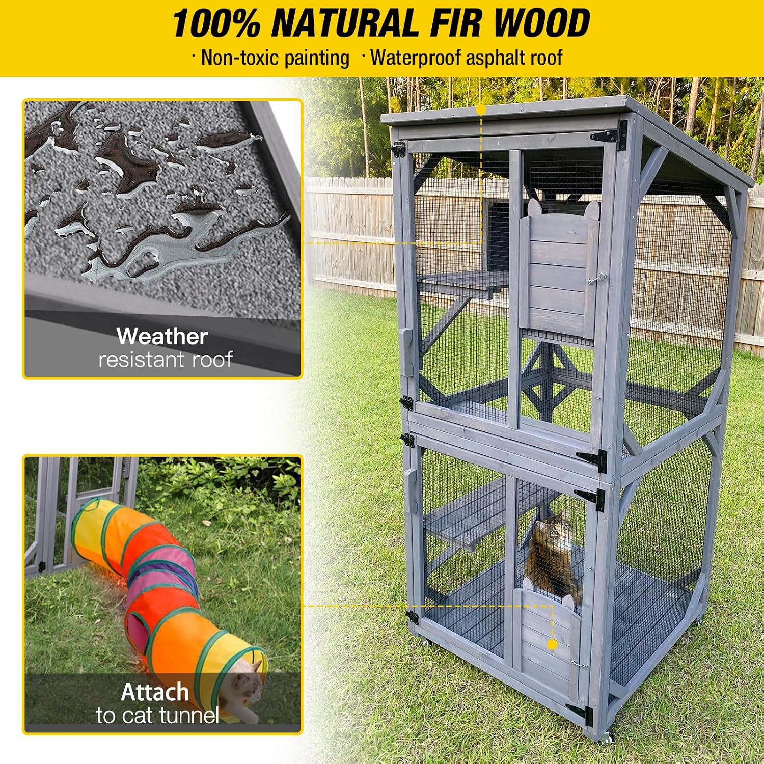 Aivituvin Cat House Outdoor Cat Catio Wooden Large Enclosure with Run on Wheels 70.9" Upgraded Version Catio with Reinforcement Strip