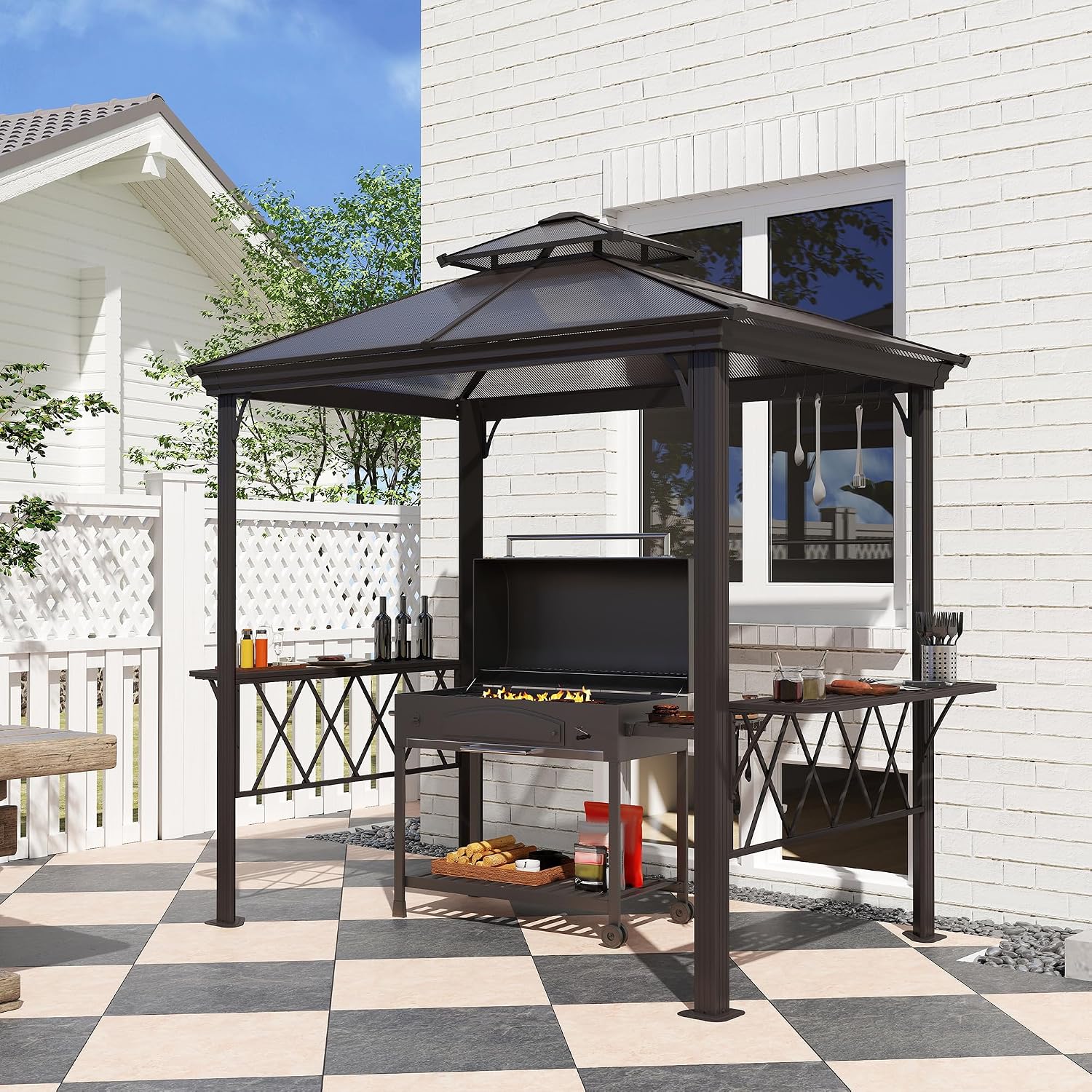 Outsunny 9 x 5 ft. Grill Gazebo Hardtop 2-Tier Polycarbonate Roof Shelves