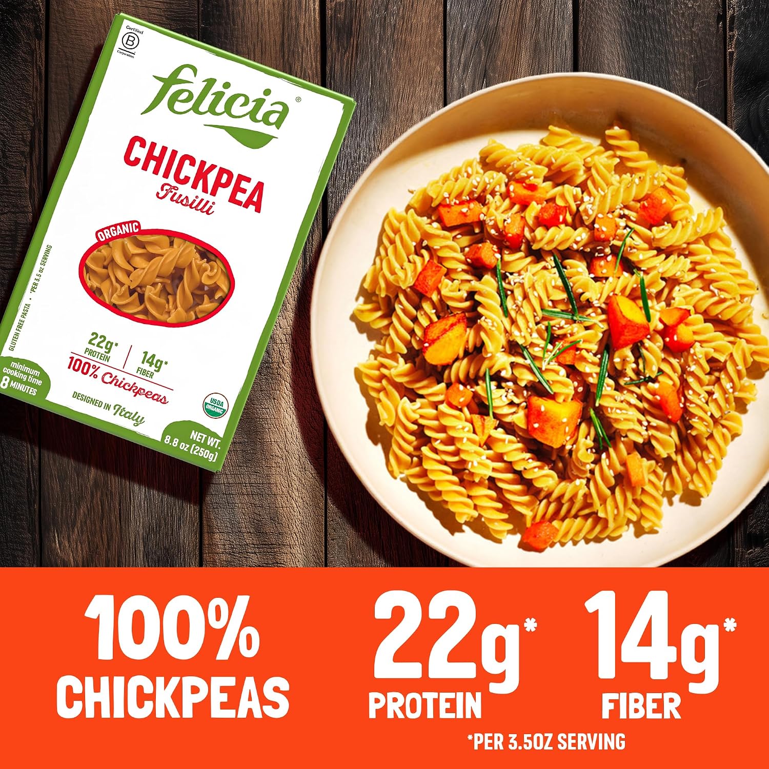 Felicia Chickpea Fusilli Gluten Free Pasta, 22G Protein, 8.8 Oz, 6 Pack | Organic, High Fiber, 14G Fiber, Made from 100% Chickpeas, Plant Based