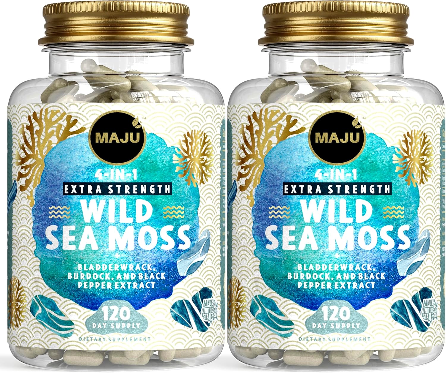 MAJU 4-in-1 Organic Sea Moss Capsules, Wild Chondrus Crispus, Seamoss w/Bladderwrack + Burdock Root, Stronger Than Gel, Irish
