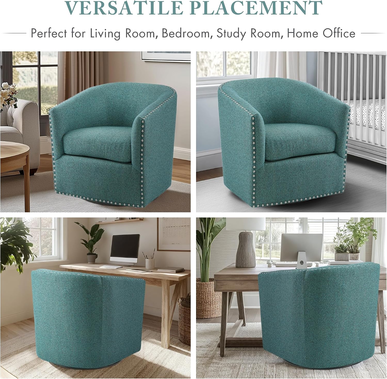 Madison Park Swivel Barrel Accent Chair, Upholstered Curved Back with 7-Inch Thick Woven Cushion, 360° Swivel, Nailhead Trim, Comfy Chair for Living Room, Bedroom, Office, 28" Wide, Neutral, Tyler