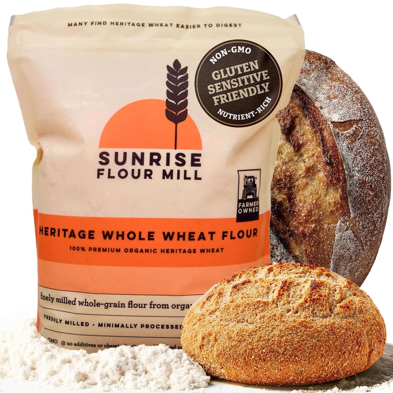 Sunrise Flour Mill Organic Heritage Whole Wheat Flour - 2 lbs | Easier to Digest with Less Bloating | No Bleaching or Bromating | Zero Additives