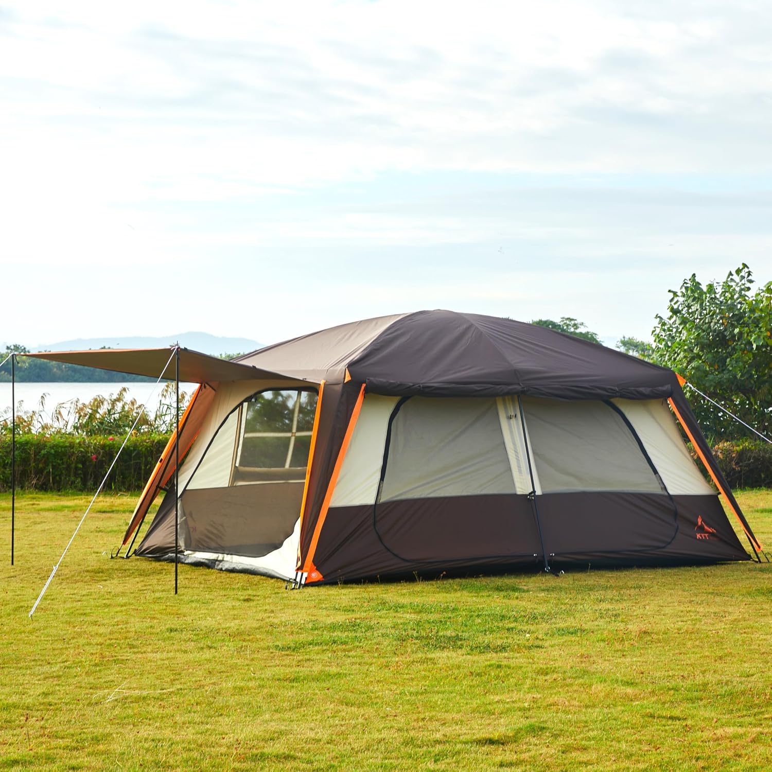 KTT Extra Large Tent 12-14 Person, Family Cabin Tents, 2 Rooms, Straight Wall, 2 Doors 4 Windows with Mesh, Waterproof, Double Layer