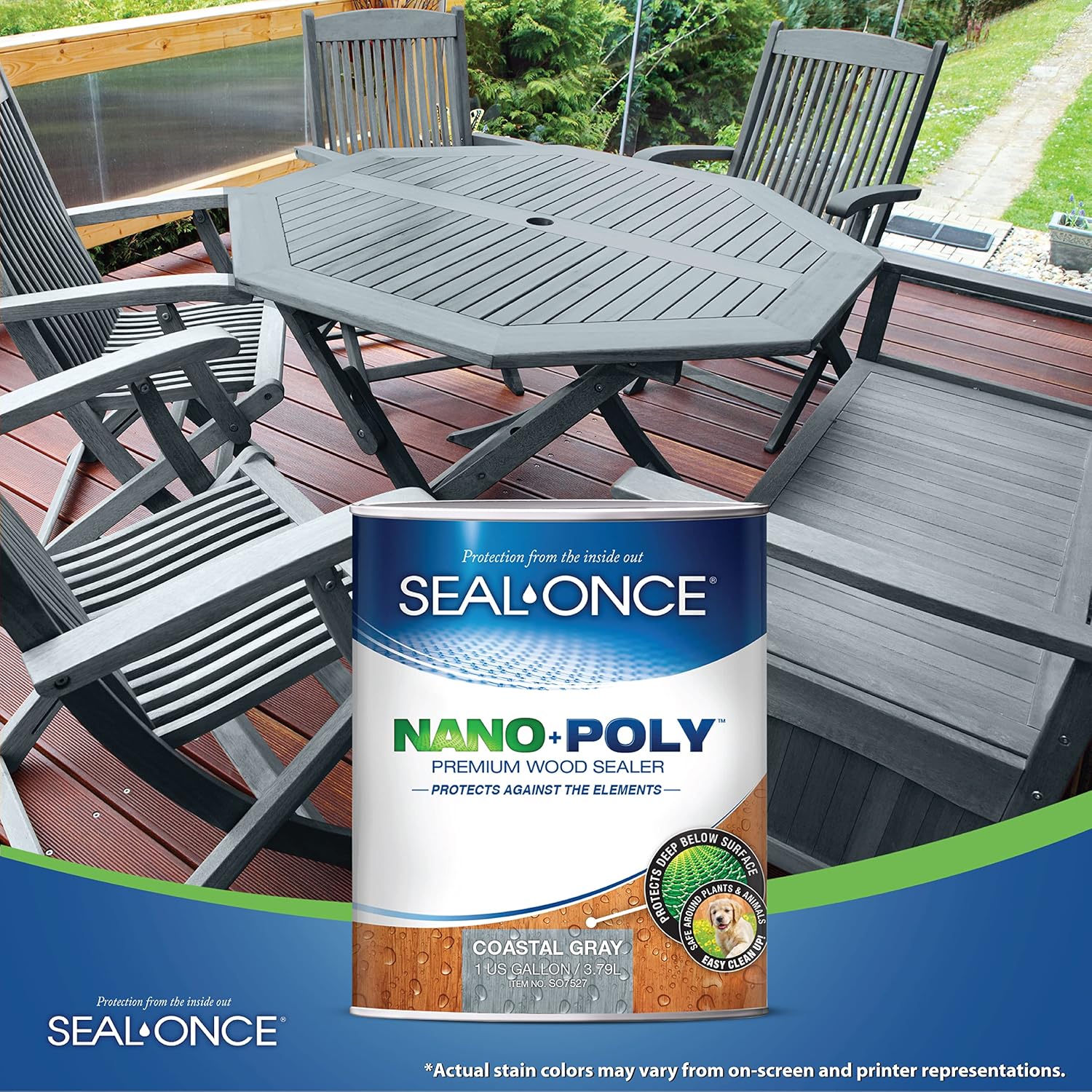 Seal-Once Nano+Poly Wood Sealer and Waterproofer, Clear, 1 Gallon | With Polyurethane, Water-based, Low-VOC, Waterproofer & Stain, For Decks, Fences & Log Homes