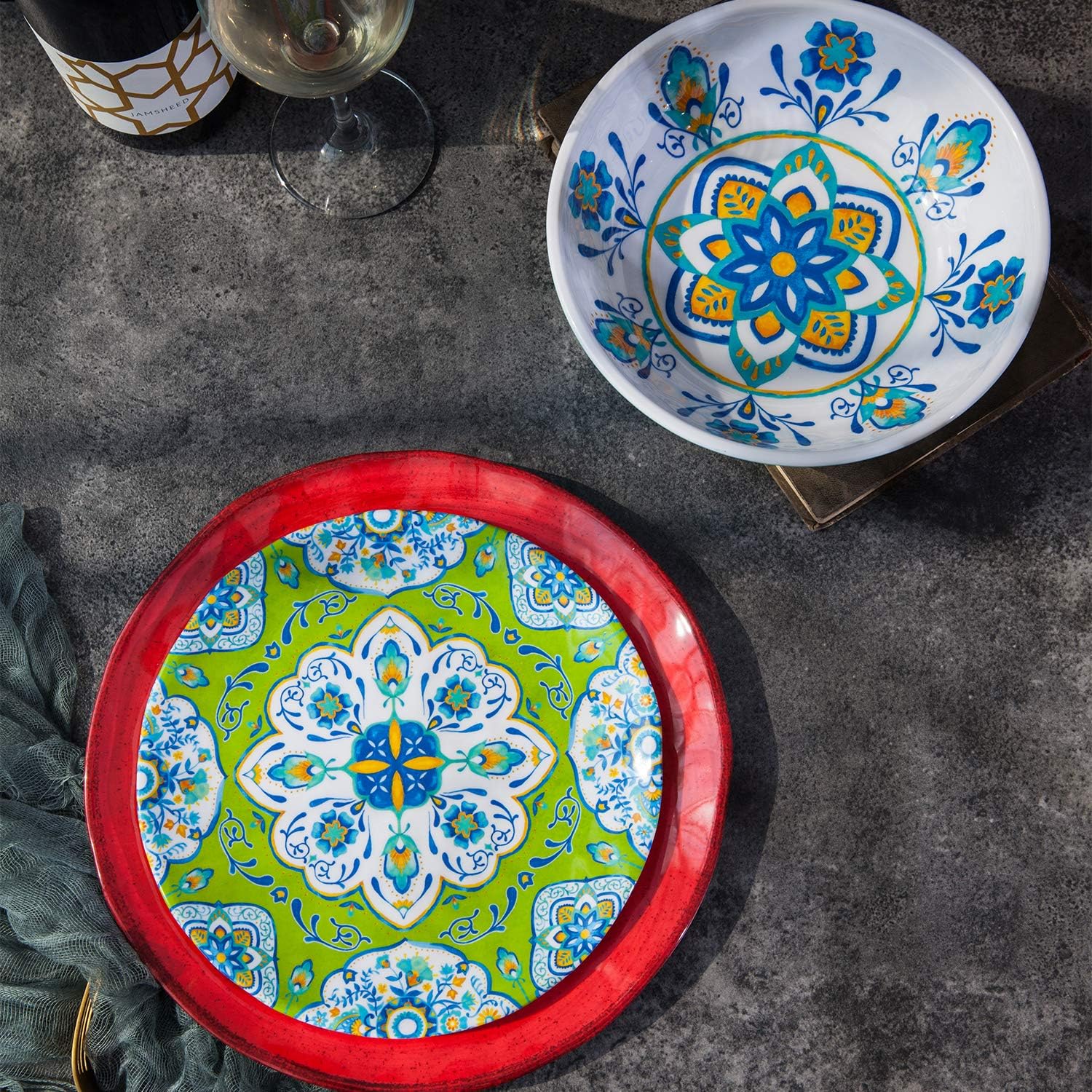 Melamine Dinnerware Set 12 Pcs Durable Dishware Colorful Plate Bowl Set Dishwasher Safe Shatter Proof Chip Resistant Not Microware Not Oven