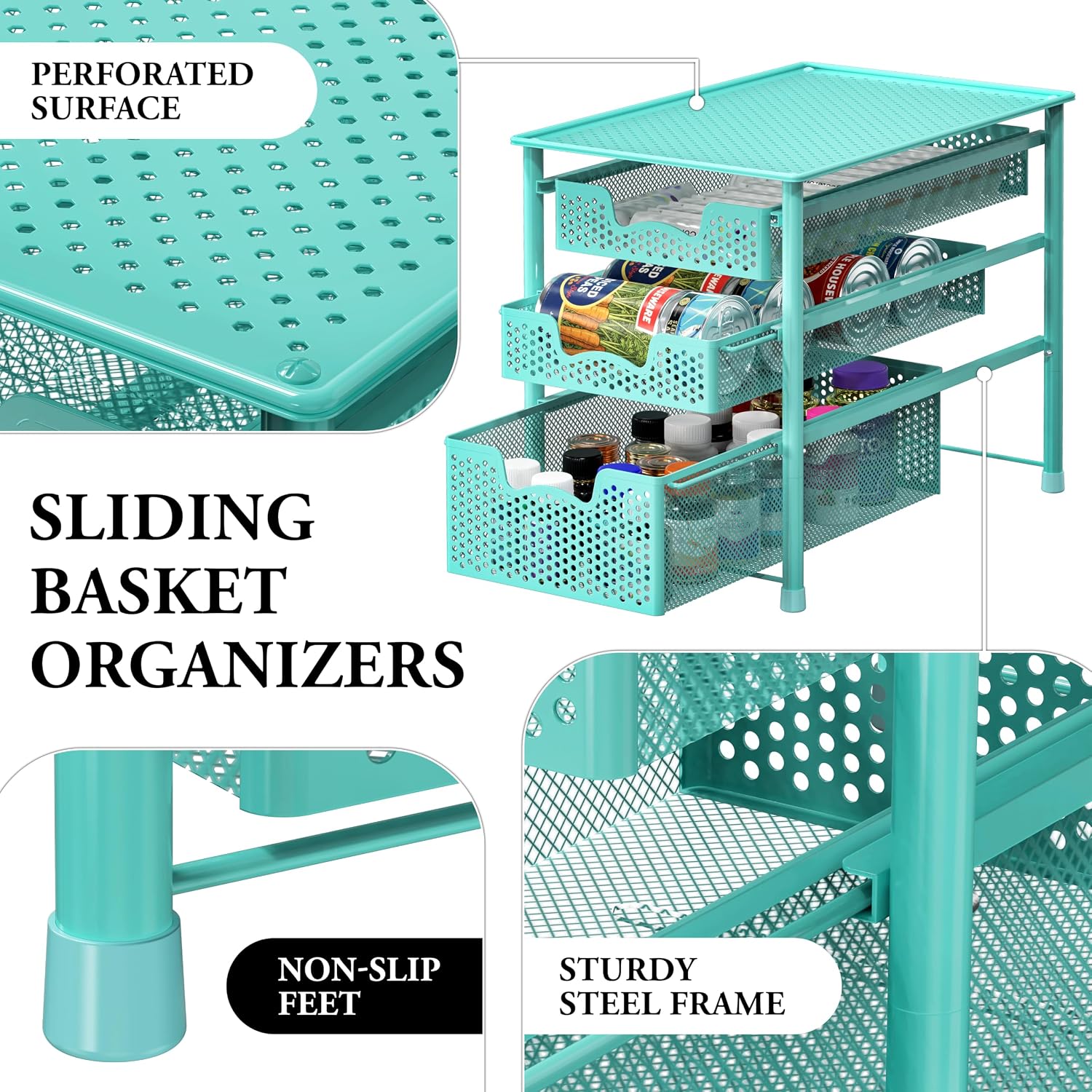 Simple Houseware Stackable 3 Tier Sliding Basket Organizer Drawer, Silver