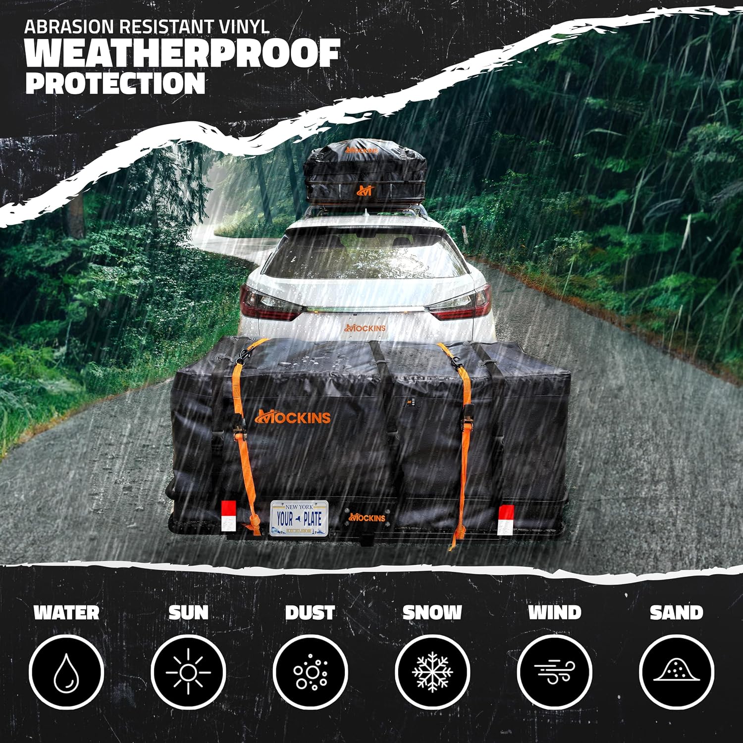 Mockins 500 lb. Capacity Folding Luggage Rack for SUV Car Truck ATV & More | Steel Trailer Hitch Cargo Carrier 60"x20"x6" w/ 16 Cu Ft Waterproof