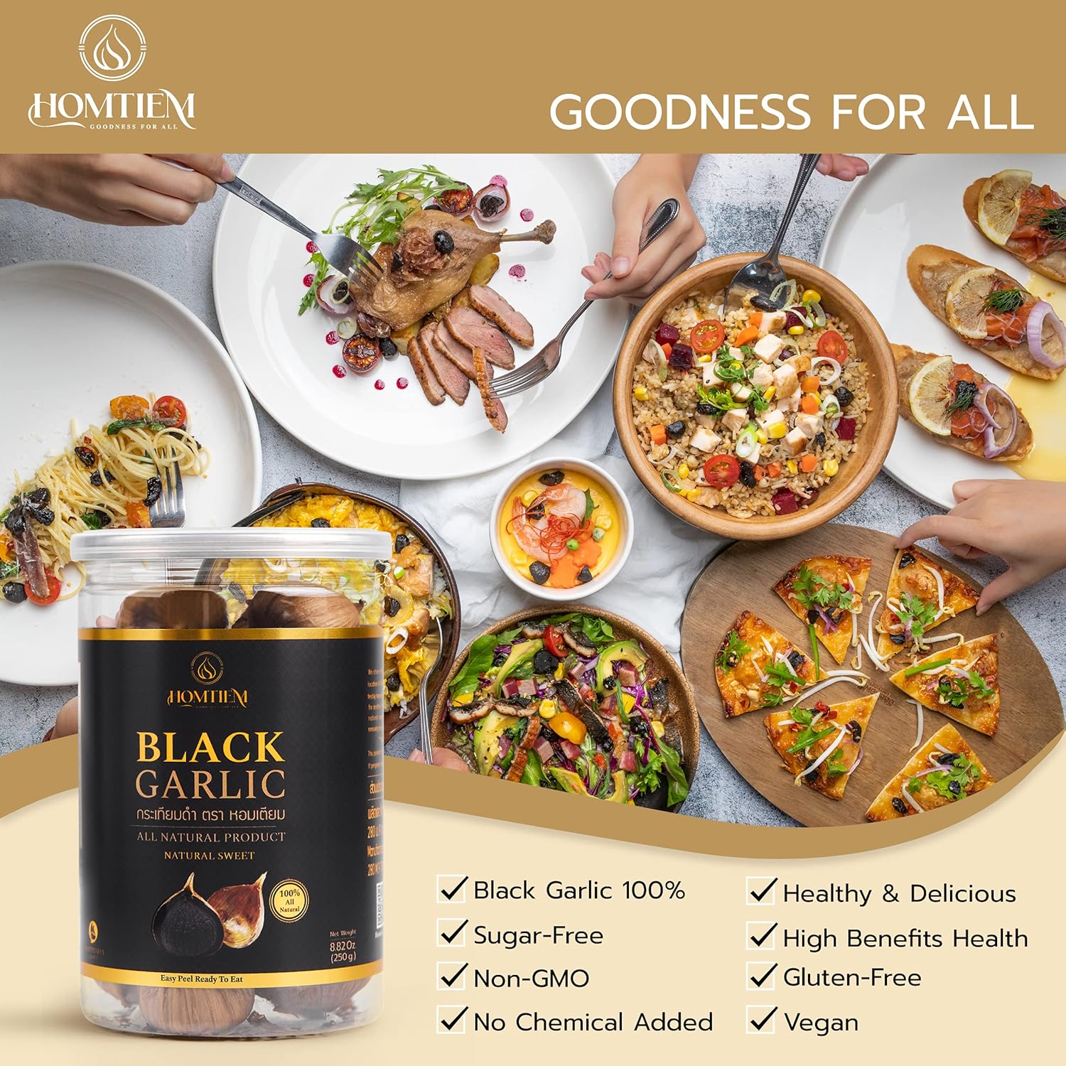 Homtiem Black Garlic Puree 150g. (Made from Solo Black Garlic 100%), Whole Black Garlic Fermented for 90 Days, Non-GMOs, High in Antioxidants