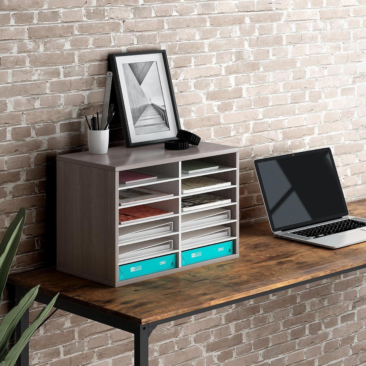 EasyPAG 12 Compartments Wooden Literature Organizer with Adjustable Shelves, 6000 Sheets Capacity Paper Organizer