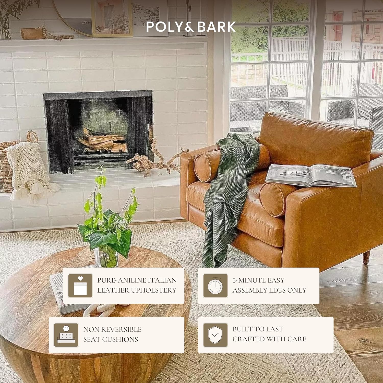Poly & BARK 55" Tufted Leather Bed Bench for Bedroom End of Bed - Living Room Entry Way Bench - Pure Italian Leather Upholstery with a Solid Wood Frame - Ottoman Bench with Wooden Legs - Cognac Tan